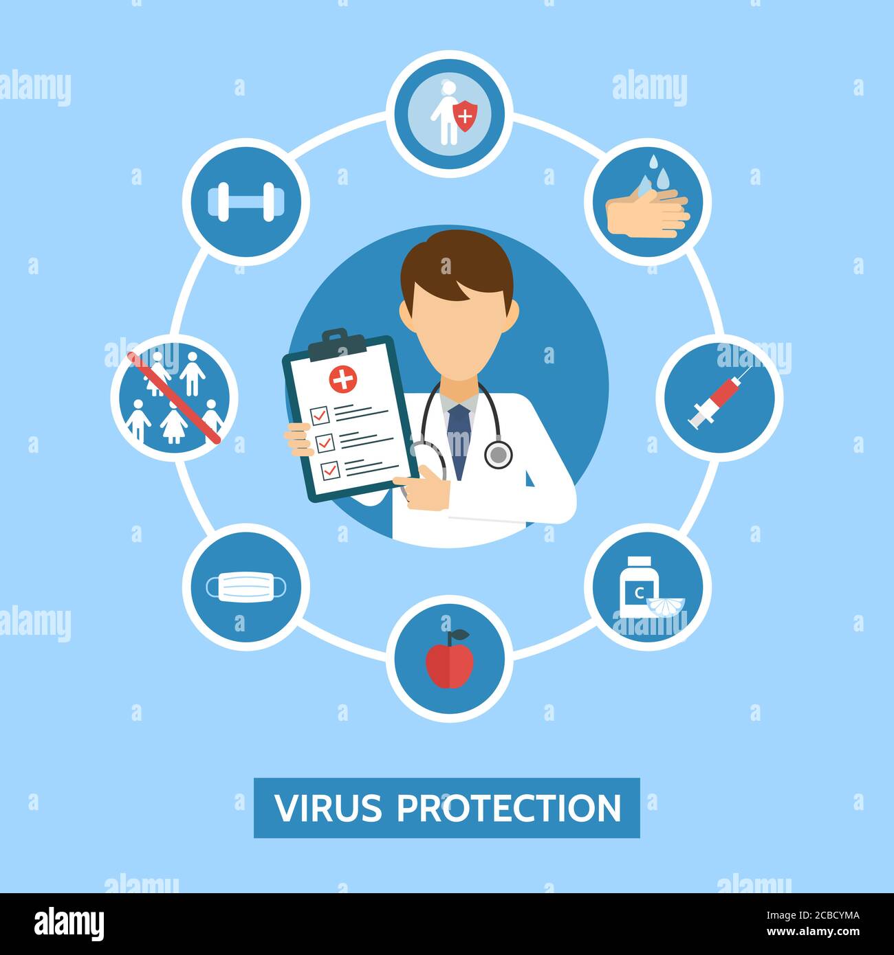 Infografica sulla protezione da virus. Visita medica. Arrestare i batteri. Prevenzione dei virus. Concetto medico. Immunità antivirale. Illustrazione vettoriale. Illustrazione Vettoriale