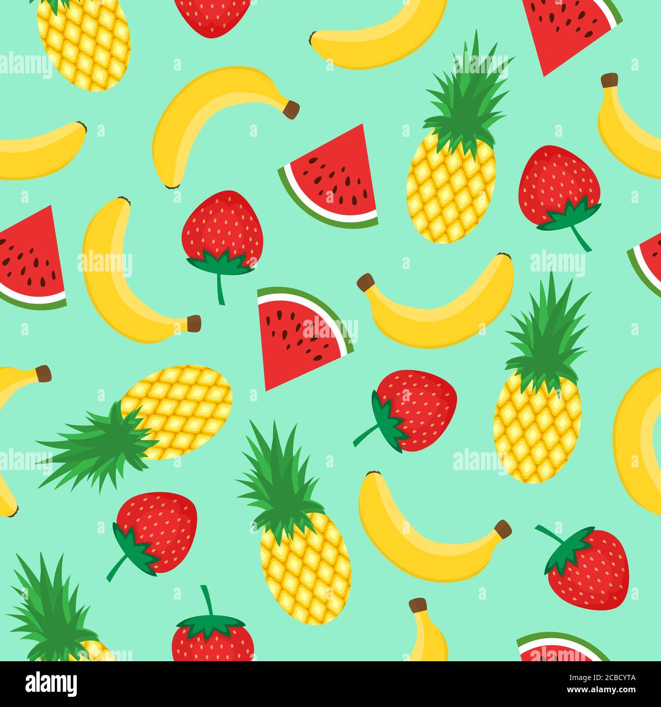 Motivo senza cuciture con banane gialle, ananas, anguria e fragole su sfondo verde menta. Illustrazione del mix di frutta estiva. Illustrazione Vettoriale