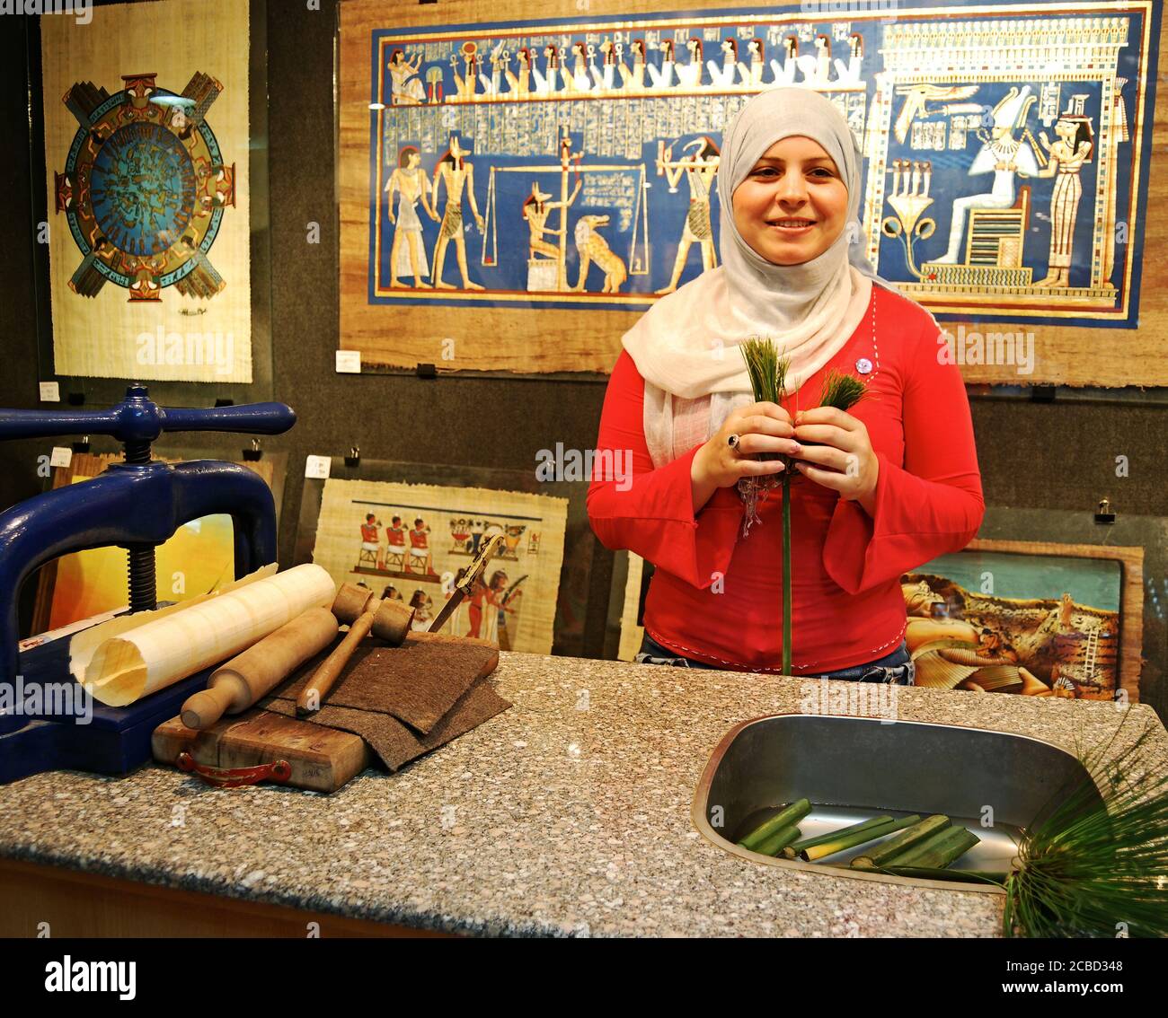 La donna egiziana mostra ai turisti come viene fatta la carta papiro Foto Stock