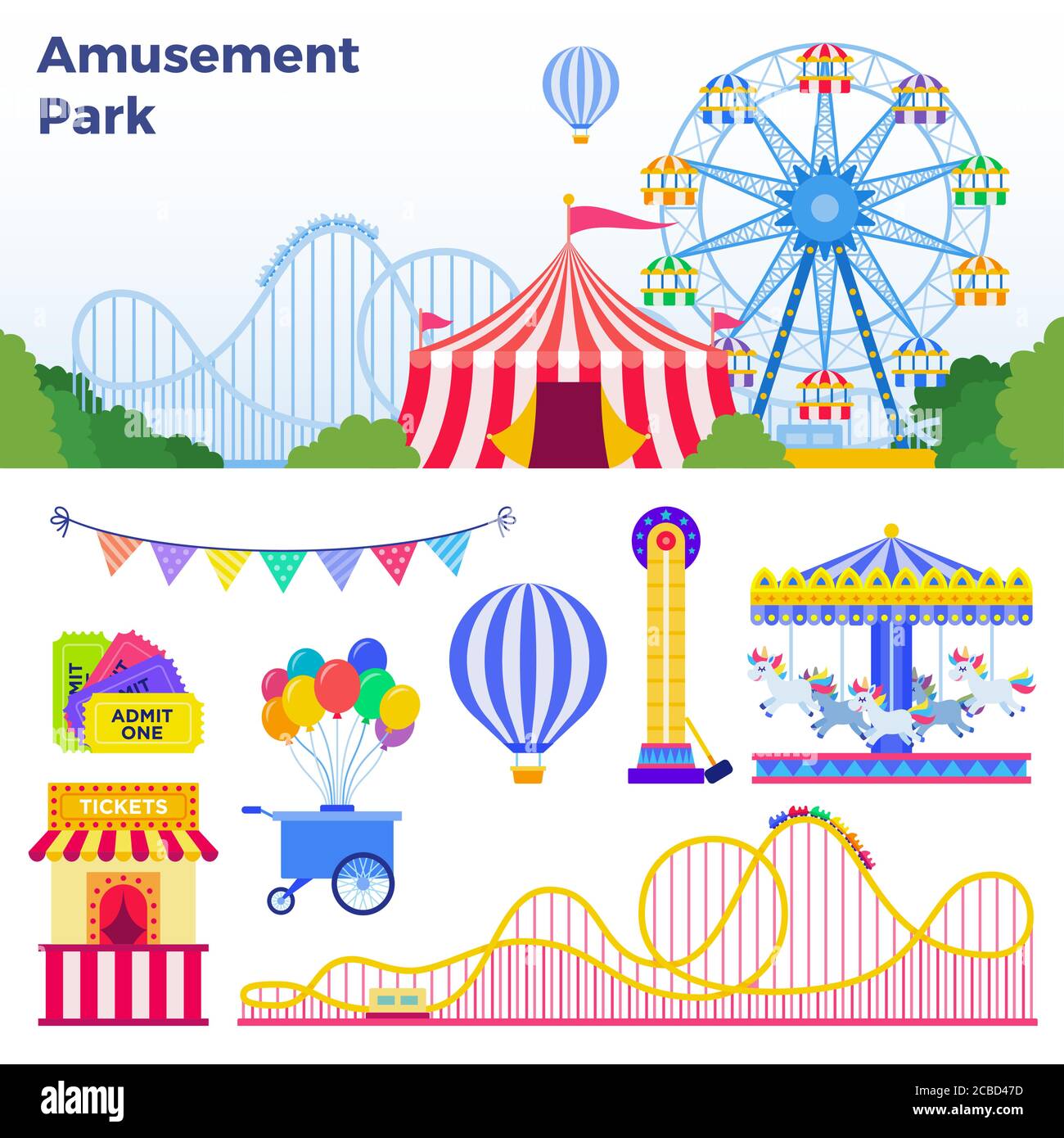 Attrazioni colorate nel parco di divertimento vettore illustrazione in appartamento design Illustrazione Vettoriale