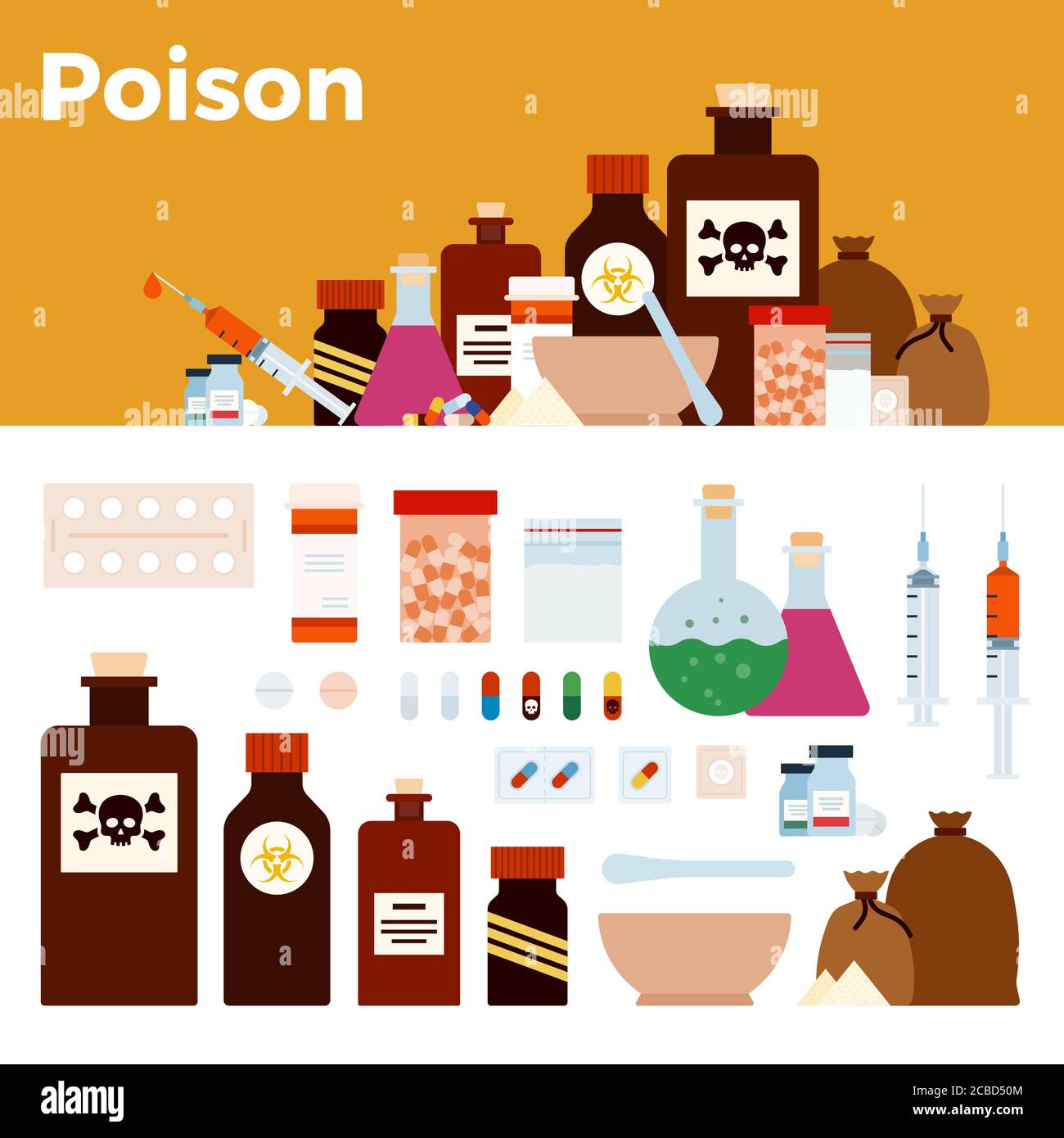Vasetti medici, provette con sostanze tossiche pericolose, icona piatta vettore veleno isolata Illustrazione Vettoriale