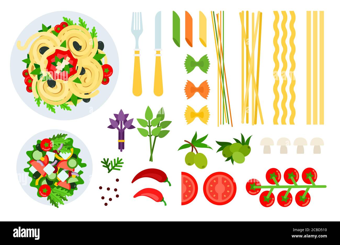 Spaghetti italiani, insalata e ingredienti illustrazione vettoriale in un disegno piatto. Illustrazione Vettoriale