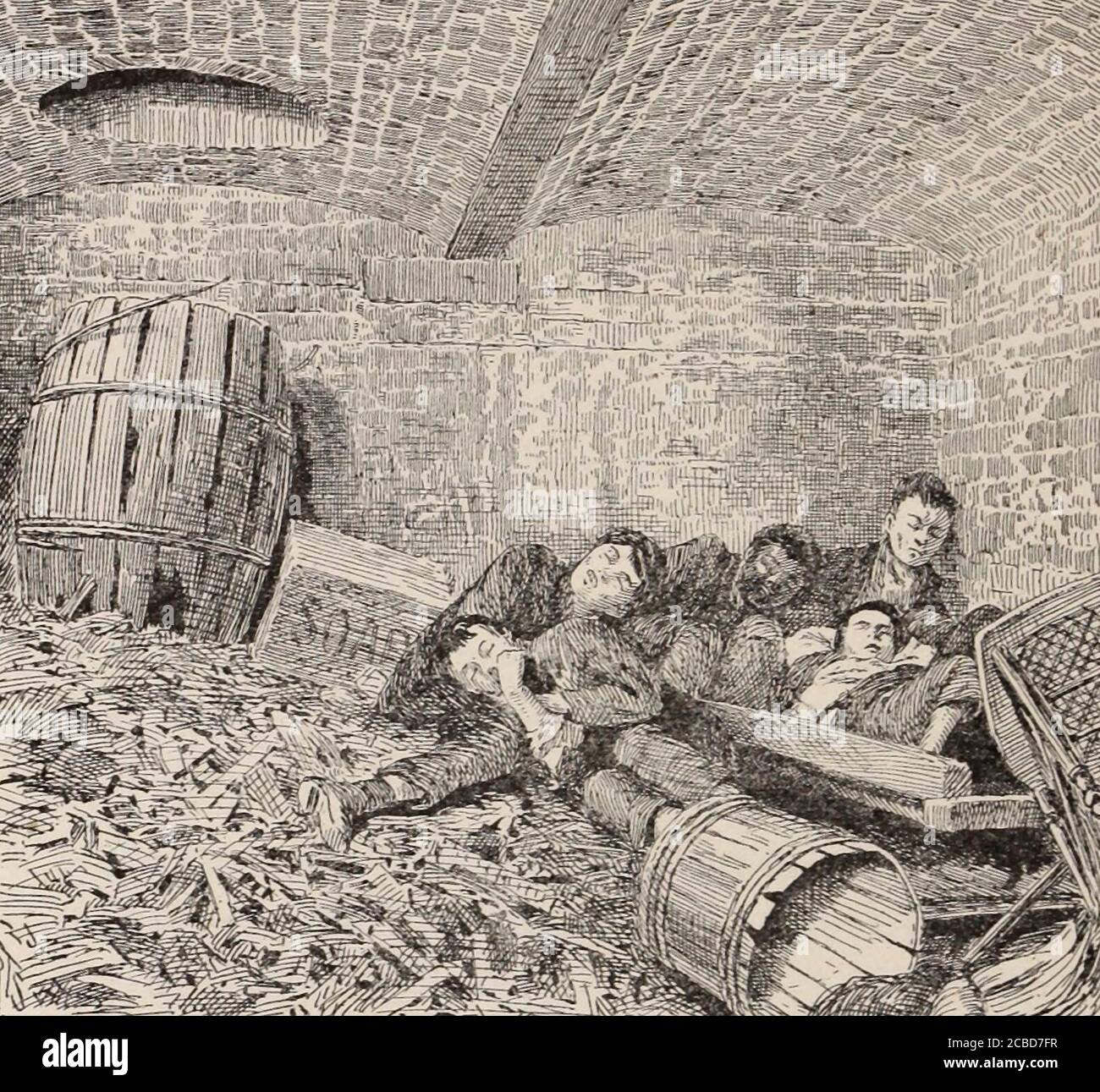 I ragazzi senza casa dormono in una cantina di carbone sotto il marciapiede a New York City, circa 1892 Foto Stock