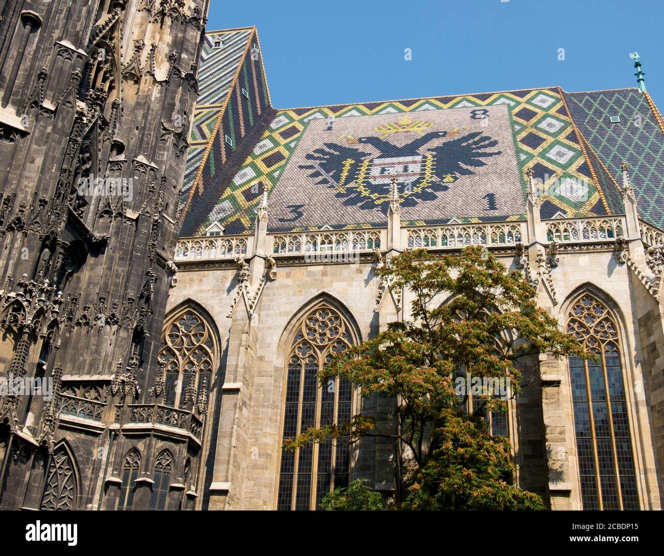 Uno sguardo ravvicinato e dettagliato al tetto in piastrelle di una cresta di aquila dello Stephansdom, la Cattedrale di Santo Stefano. A Vienna, Austria. Foto Stock