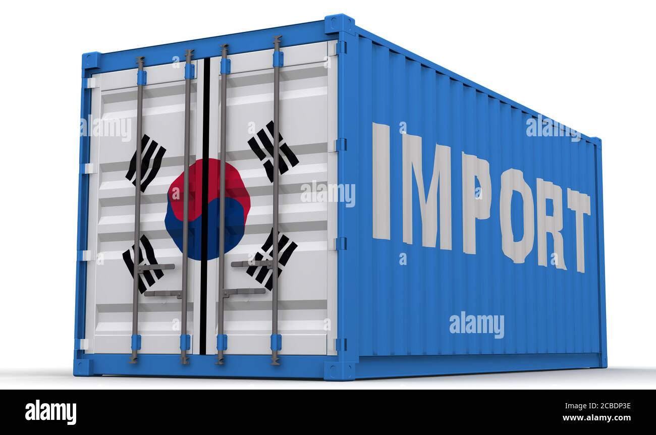 Importazione della Corea del Sud. Contenitore merci su una superficie bianca con IMPORT parola nera e immagini della bandiera della Corea del Sud sulle porte chiuse Foto Stock