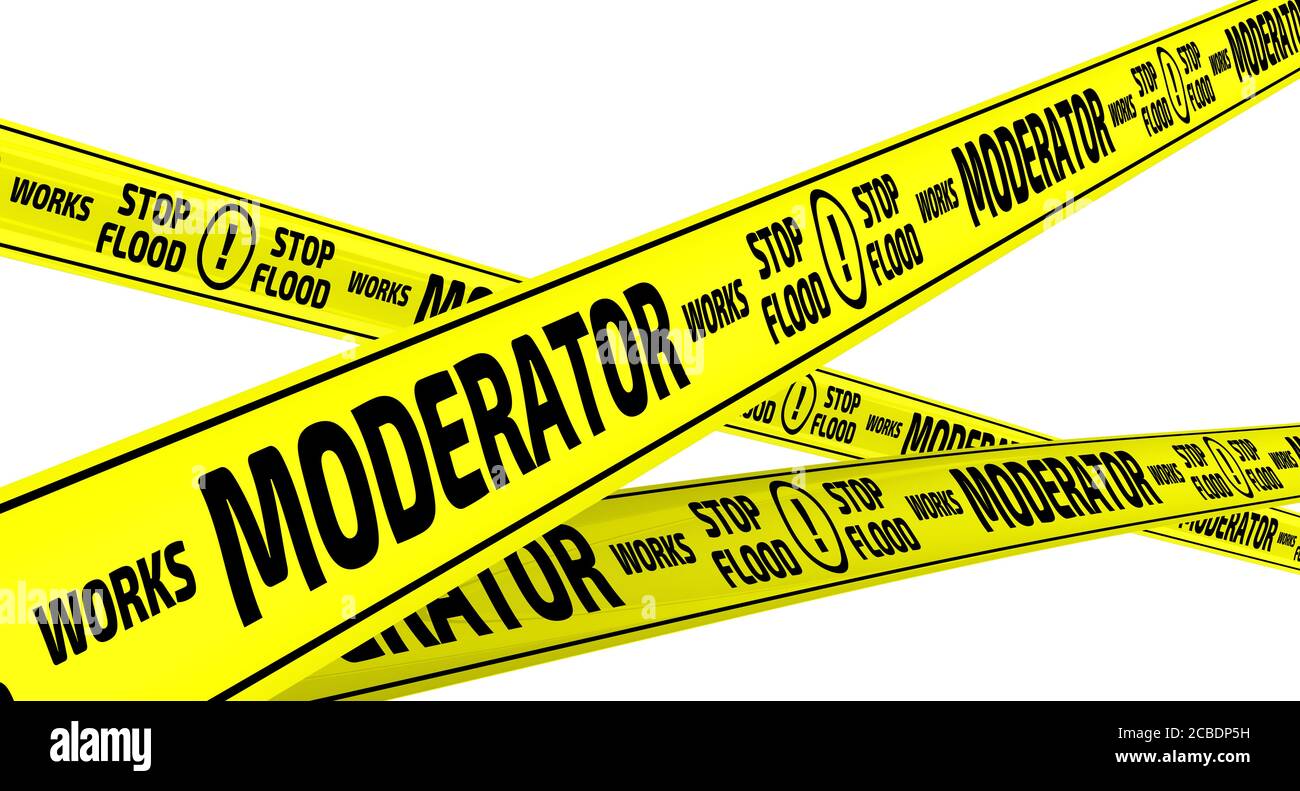 Nastri di avvertimento gialli con testo nero 'Works moderator. Stop flood". Illustrazione 3D Foto Stock