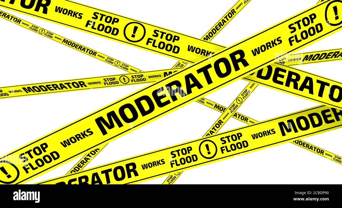 Nastri di avvertimento gialli con testo nero 'Works moderator. Stop flood". Illustrazione 3D Foto Stock