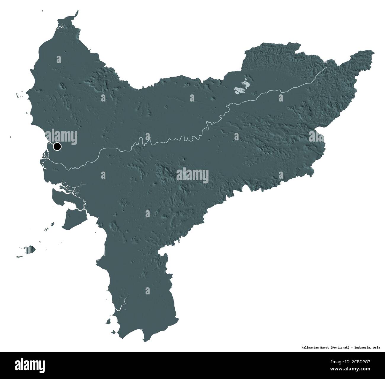 Forma di Kalimantan Barat, provincia dell'Indonesia, con la sua capitale isolata su sfondo bianco. Mappa di elevazione colorata. Rendering 3D Foto Stock