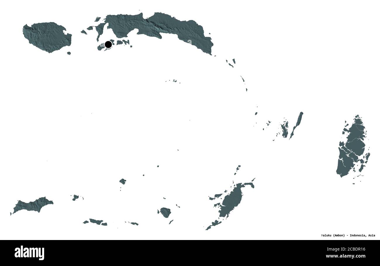 Forma di Maluku, provincia dell'Indonesia, con la sua capitale isolata su sfondo bianco. Mappa di elevazione colorata. Rendering 3D Foto Stock