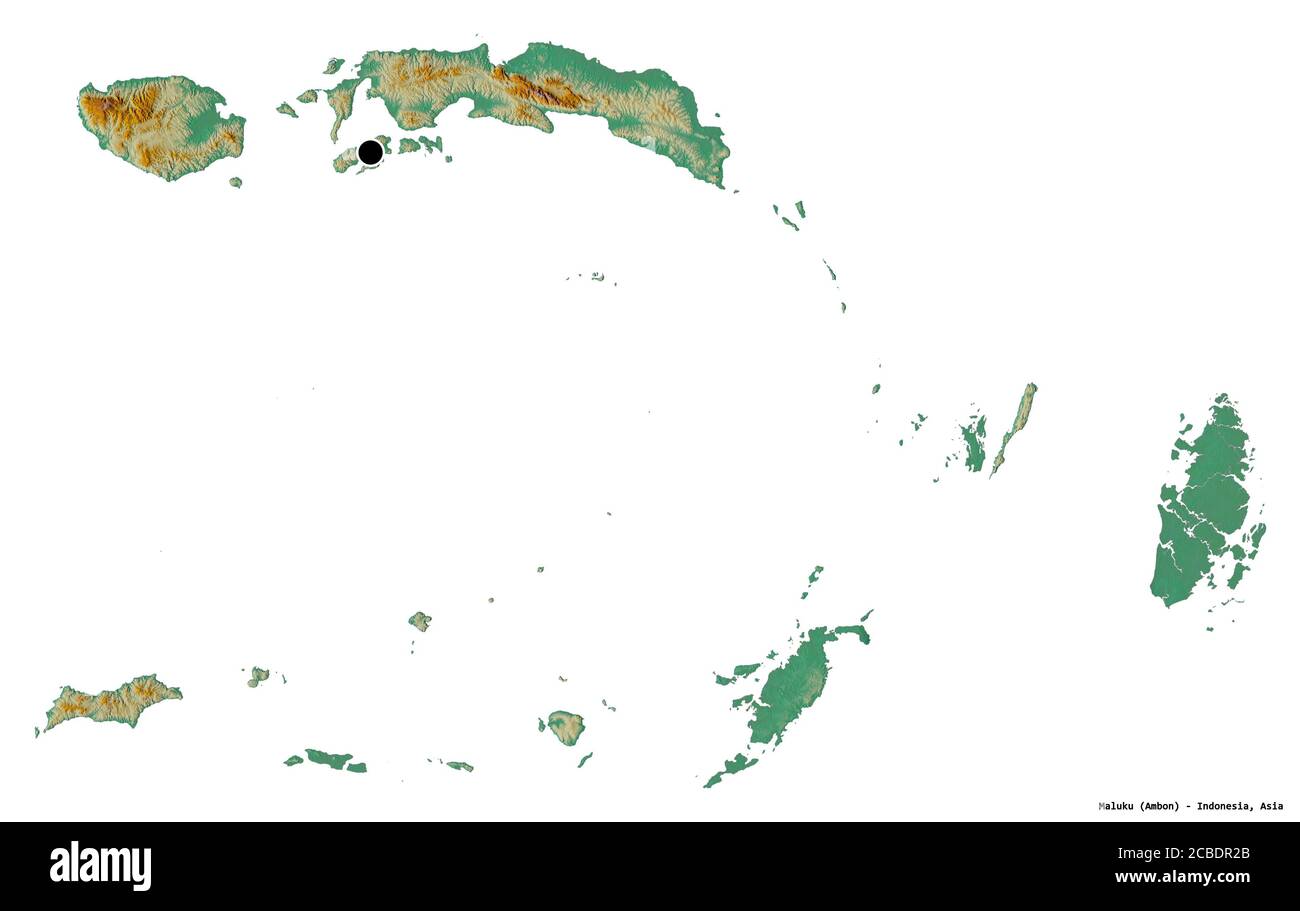 Forma di Maluku, provincia dell'Indonesia, con la sua capitale isolata su sfondo bianco. Mappa di rilievo topografico. Rendering 3D Foto Stock