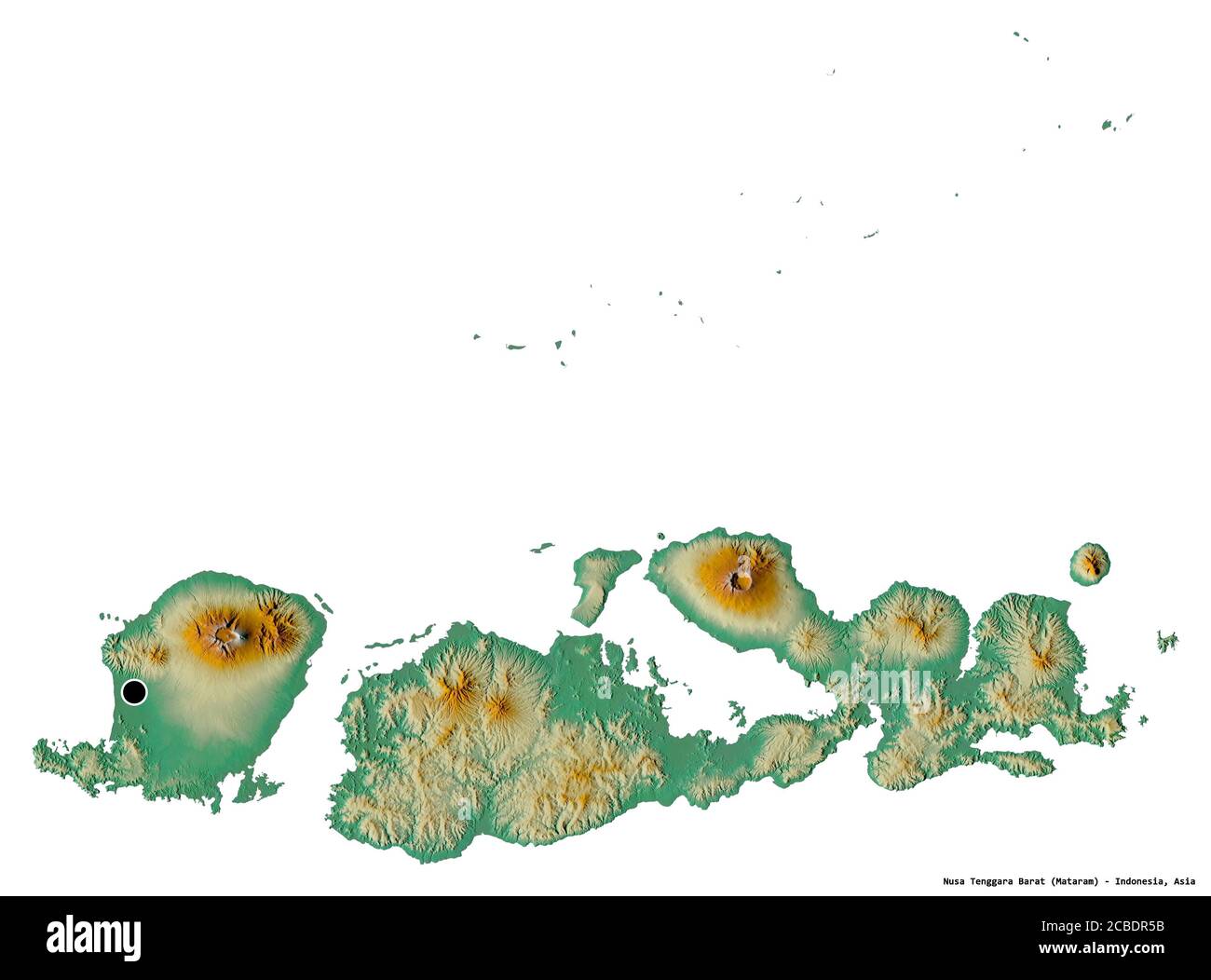 Forma di Nusa Tenggara Barat, provincia dell'Indonesia, con la sua capitale isolata su sfondo bianco. Mappa di rilievo topografico. Rendering 3D Foto Stock