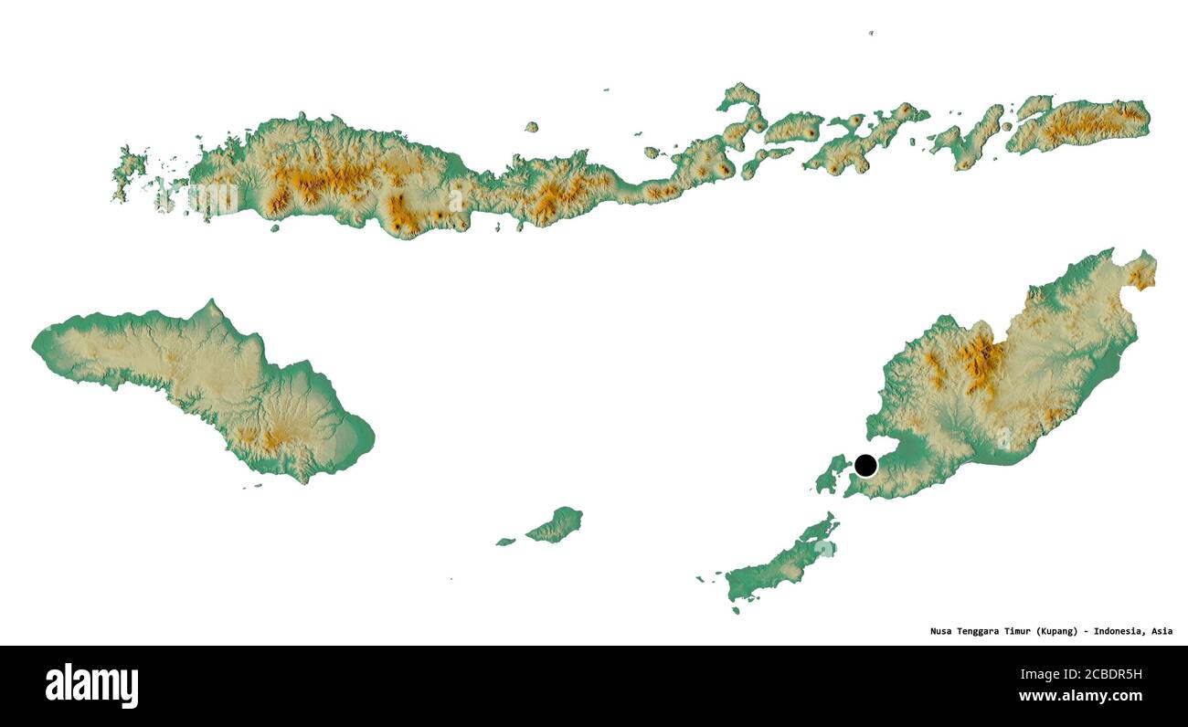 Forma di Nusa Tenggara Timur, provincia dell'Indonesia, con la sua capitale isolata su sfondo bianco. Mappa di rilievo topografico. Rendering 3D Foto Stock