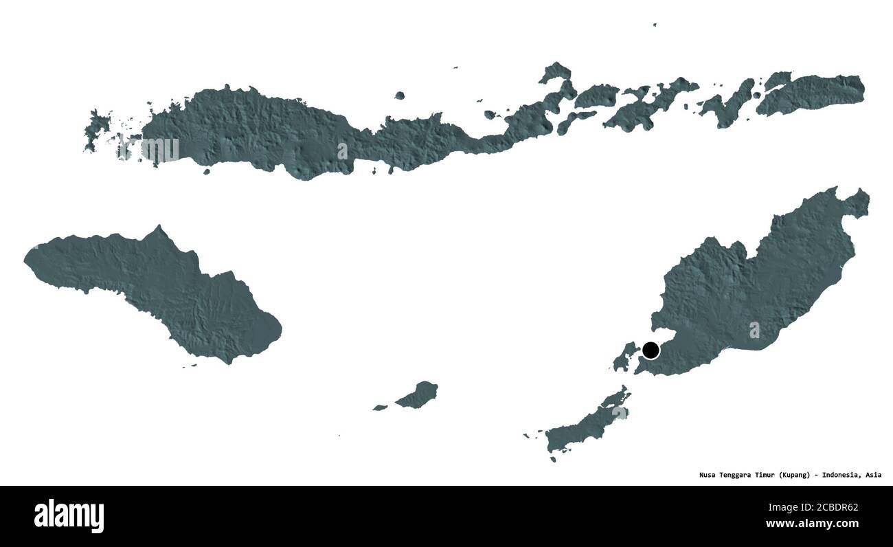 Forma di Nusa Tenggara Timur, provincia dell'Indonesia, con la sua capitale isolata su sfondo bianco. Mappa di elevazione colorata. Rendering 3D Foto Stock