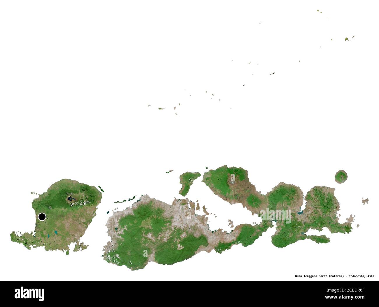 Forma di Nusa Tenggara Barat, provincia dell'Indonesia, con la sua capitale isolata su sfondo bianco. Immagini satellitari. Rendering 3D Foto Stock