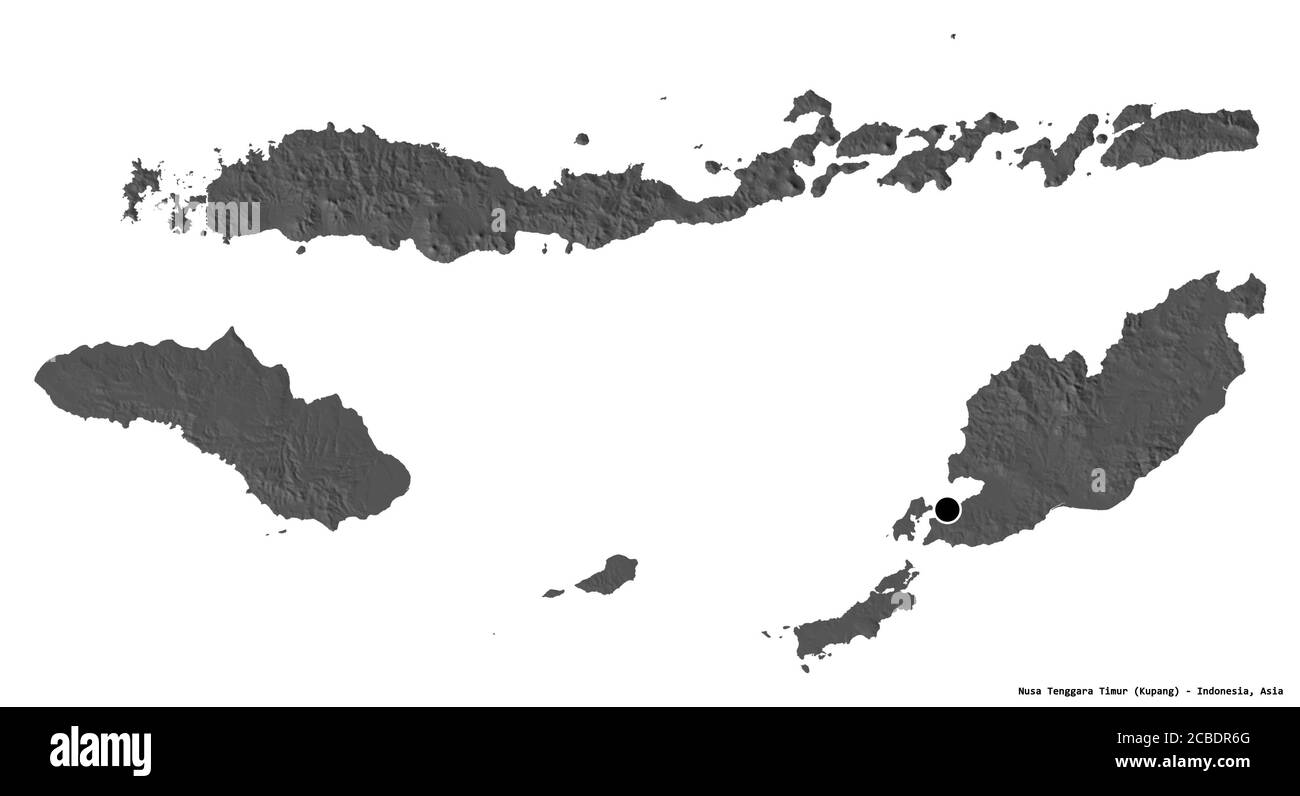 Forma di Nusa Tenggara Timur, provincia dell'Indonesia, con la sua capitale isolata su sfondo bianco. Mappa elevazione bilivello. Rendering 3D Foto Stock