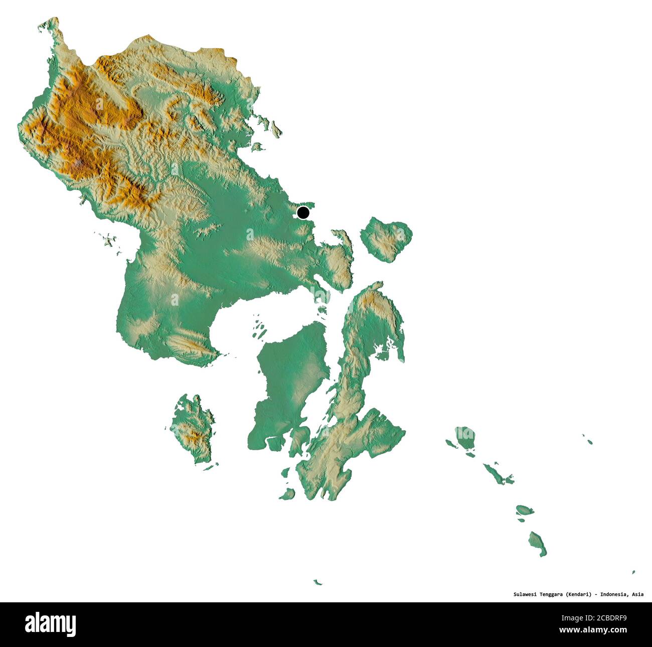 Forma di Sulawesi Tenggara, provincia dell'Indonesia, con la sua capitale isolata su sfondo bianco. Mappa di rilievo topografico. Rendering 3D Foto Stock