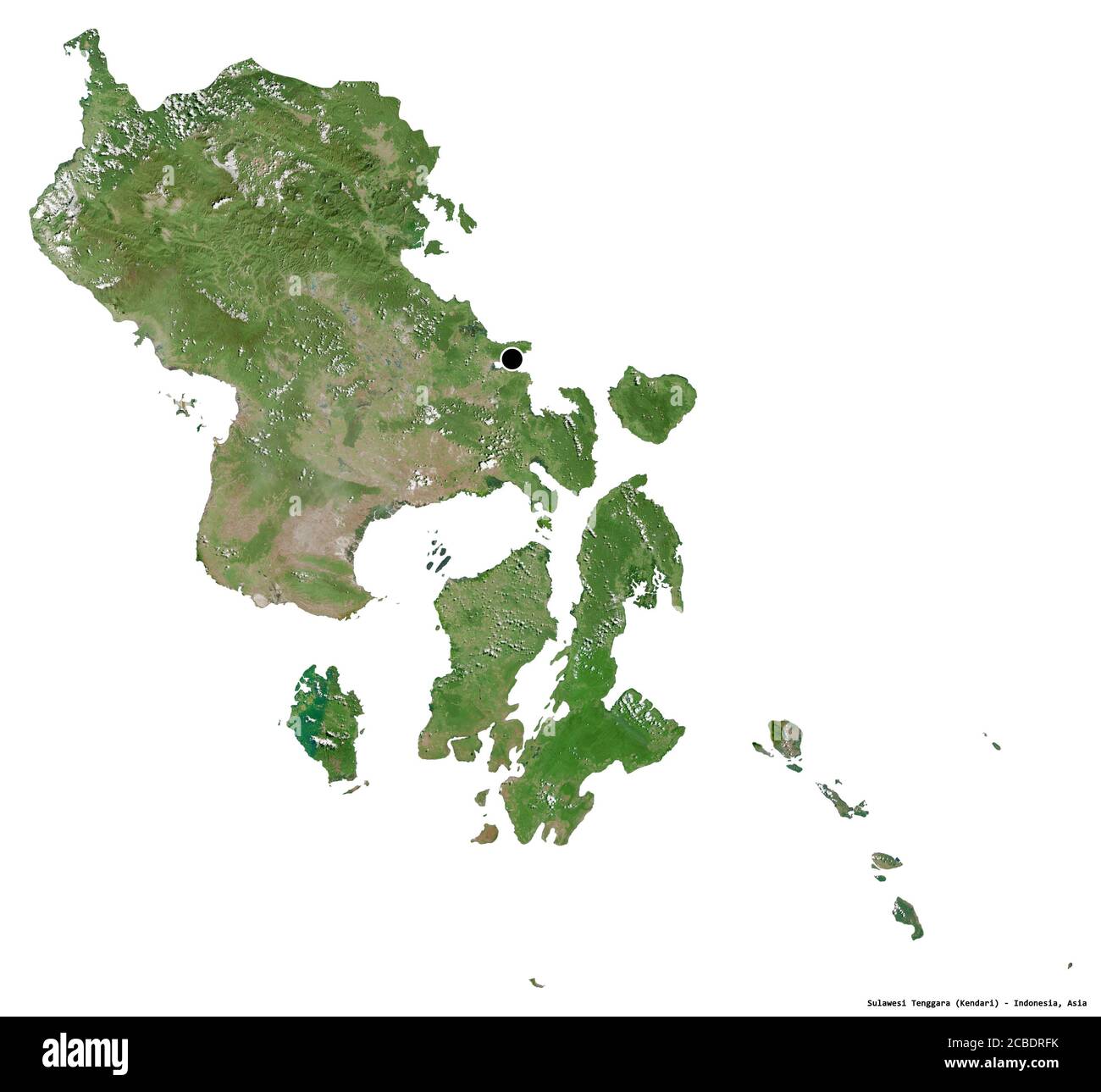 Forma di Sulawesi Tenggara, provincia dell'Indonesia, con la sua capitale isolata su sfondo bianco. Immagini satellitari. Rendering 3D Foto Stock