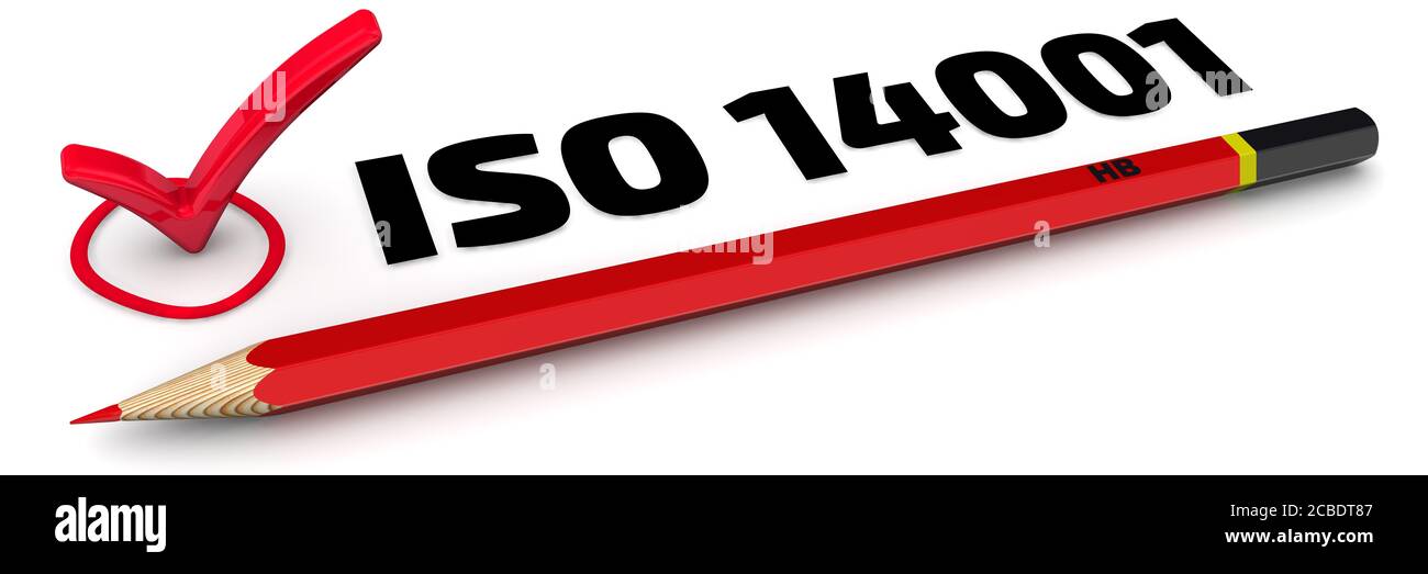 Il segno di spunta ISO 14001 (ISO 14001 indica i criteri per un sistema di gestione ambientale (EMS)). Matita rossa e segno di spunta sulla superficie bianca Foto Stock