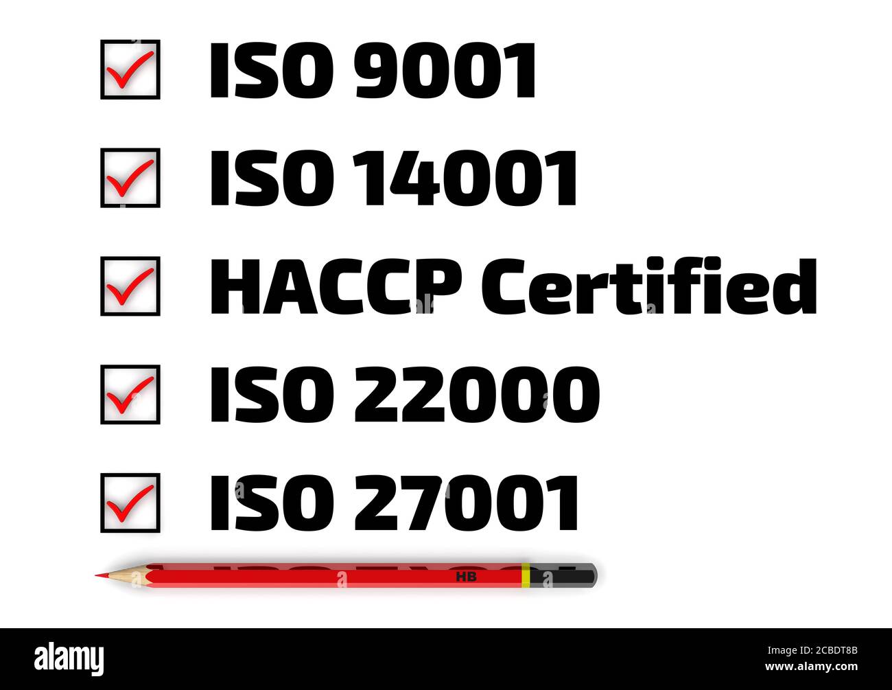 Elenco delle norme ISO: iso 9001; iso 14001; haccp; iso 22000; iso 27001. Matita rossa e lista di controllo con segni rossi Foto Stock