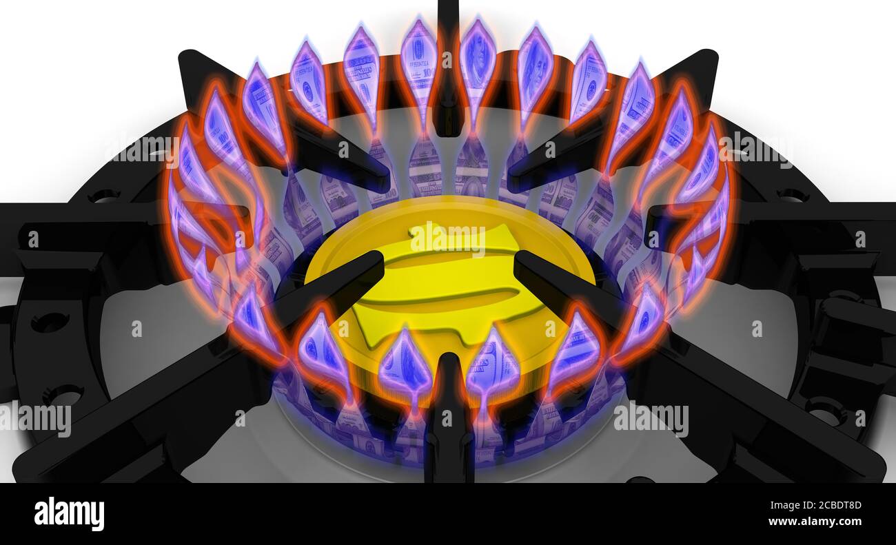 I costi di approvvigionamento di gas. Il concetto con la valuta americana. La fiamma di un bruciatore a gas è progettato come un bruciare il dollaro degli Stati Uniti. Foto Stock