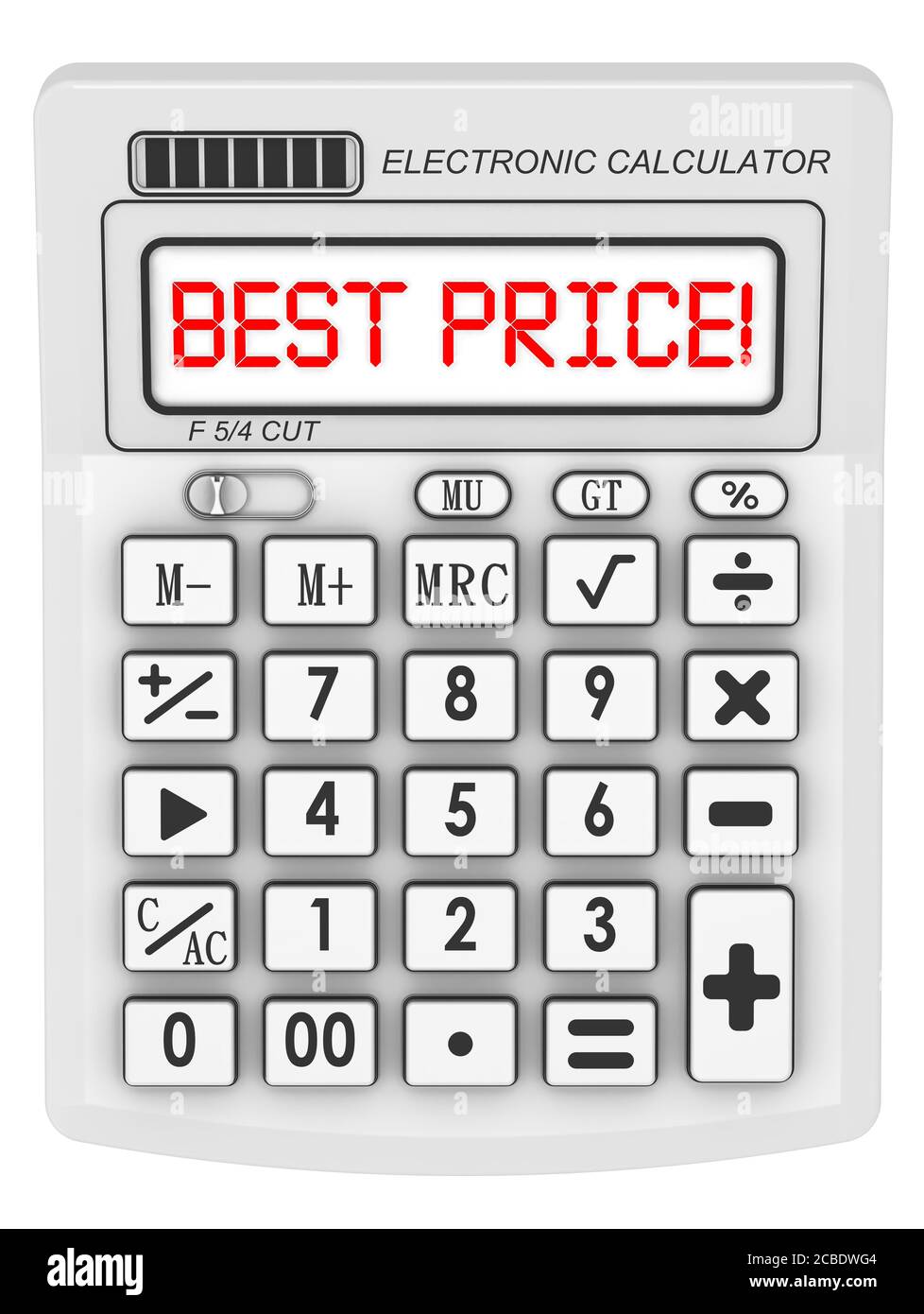 Miglior prezzo! Informazioni sul calcolatore elettronico. Testo rosso MIGLIOR PREZZO! sul display di un calcolatore elettronico. Illustrazione 3D Foto Stock