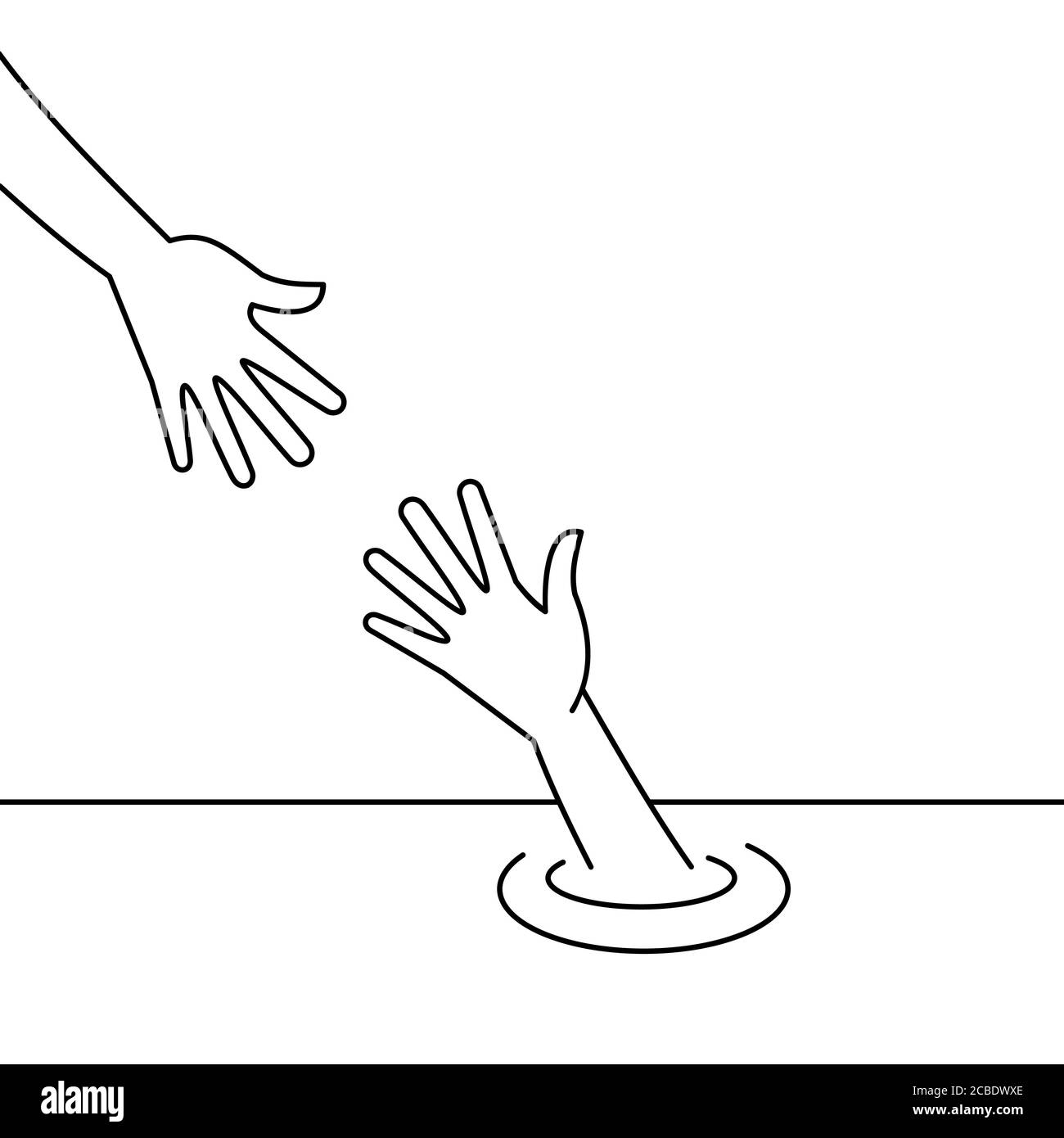 Aiutante mano. Concetto di salvataggio delle vite. Supporto, cura, concetto di speranza. Mano raggiungere un'altra persona annegante mano. Prevenzione del suicidio. Contorno nero. Vettore Illustrazione Vettoriale