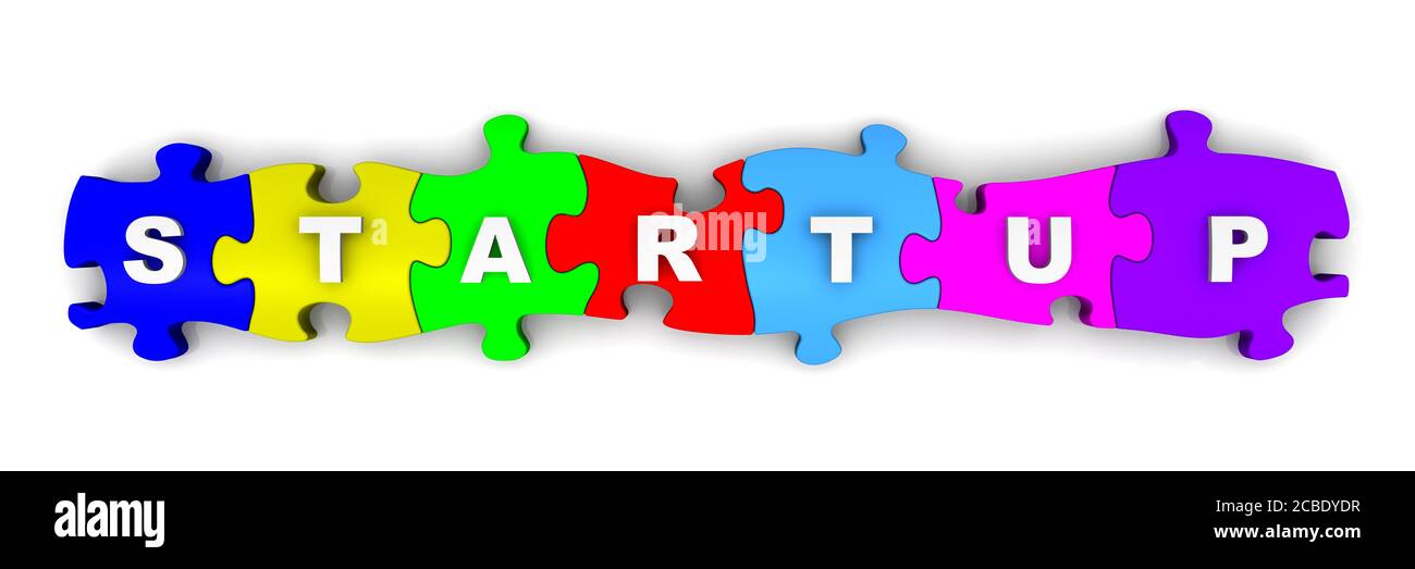 Startup è una parola di puzzle multicolore. La PAROLA bianca STARTUP composto da puzzle colorati. Illustrazione 3D Foto Stock