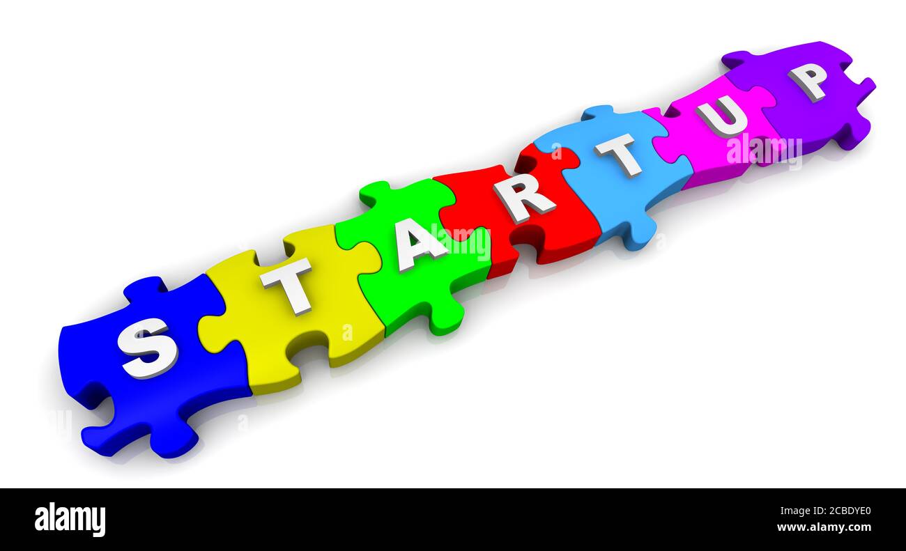 Startup è una parola di puzzle multicolore. La PAROLA bianca STARTUP composto da puzzle colorati. Illustrazione 3D Foto Stock