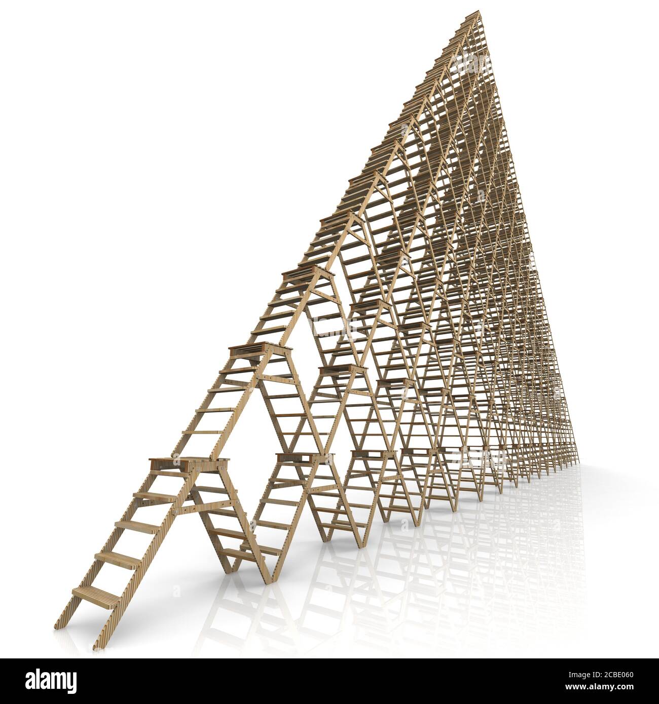 Scale in legno. Il concetto di realizzazione. Un sacco di scale si levano in piedi uno su un altro. Illustrazione 3D Foto Stock
