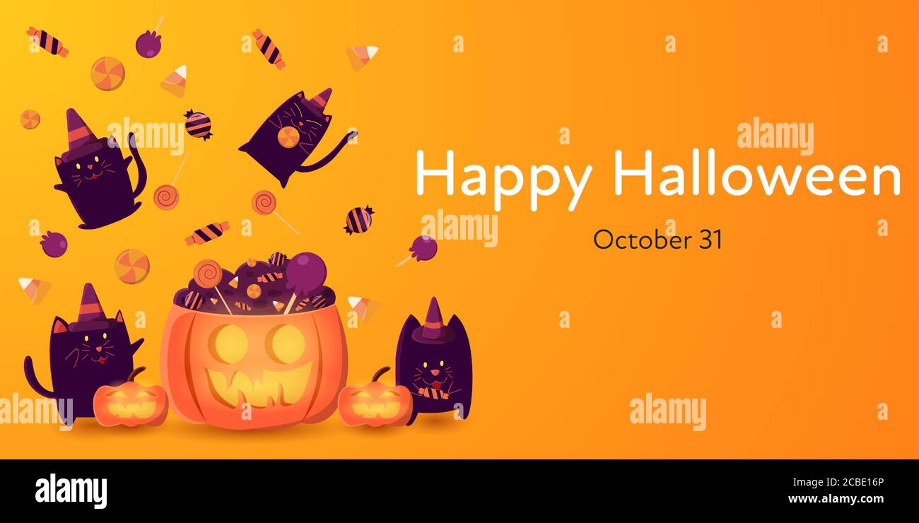Arancio Halloween giorno banner vettore illustrazione con gruppo di gatto nero in cappello strega godere con caramelle. Illustrazione Vettoriale