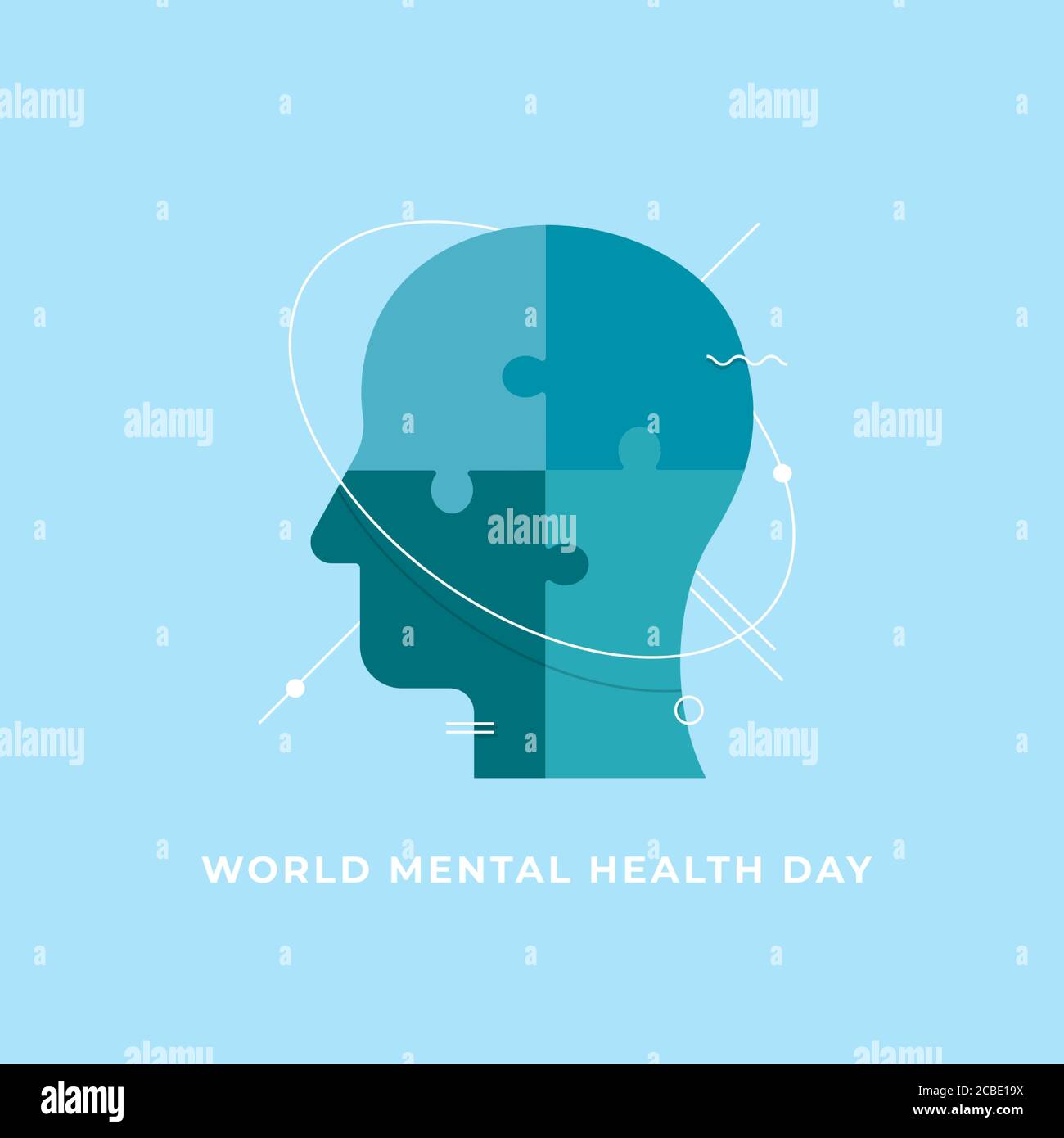Sfondo del poster della giornata mondiale della salute mentale. Puzzle a testa umana con simbolo geometrico della linea. Illustrazione vettoriale piatta moderna de Illustrazione Vettoriale
