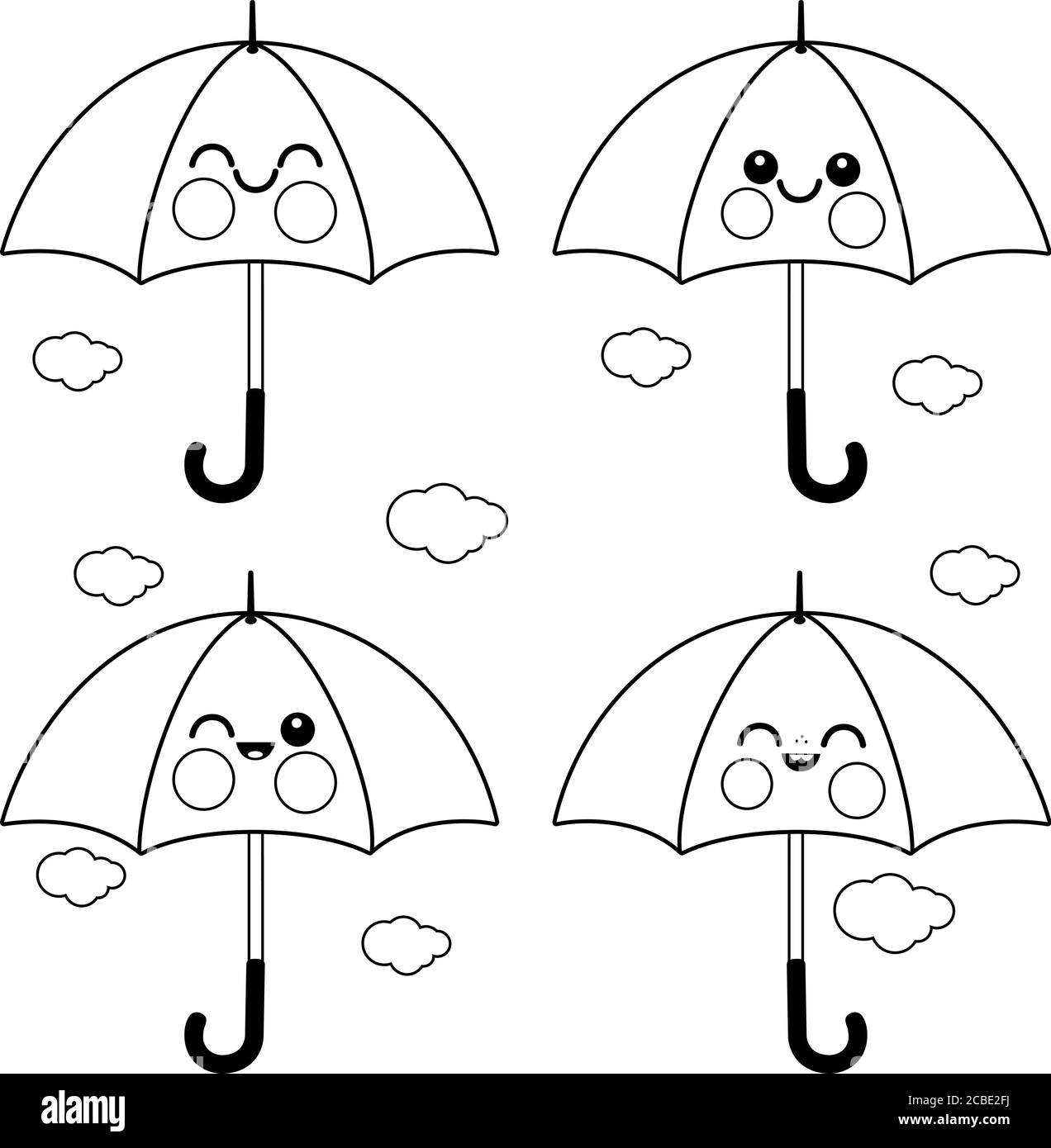 Simpatici personaggi ombrello. Pagina vettoriale in bianco e nero Illustrazione Vettoriale