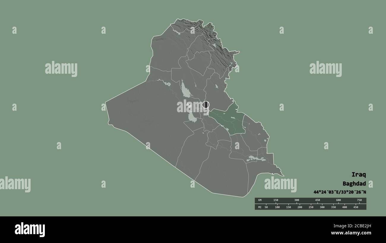 Forma desaturata dell'Iraq con la sua capitale, la principale divisione regionale e l'area separata di Wasit. Etichette. Mappa di elevazione colorata. Rendering 3D Foto Stock