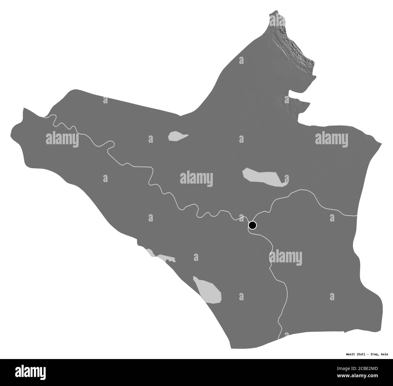 Forma di Wasit, provincia dell'Iraq, con la sua capitale isolata su sfondo bianco. Mappa elevazione bilivello. Rendering 3D Foto Stock