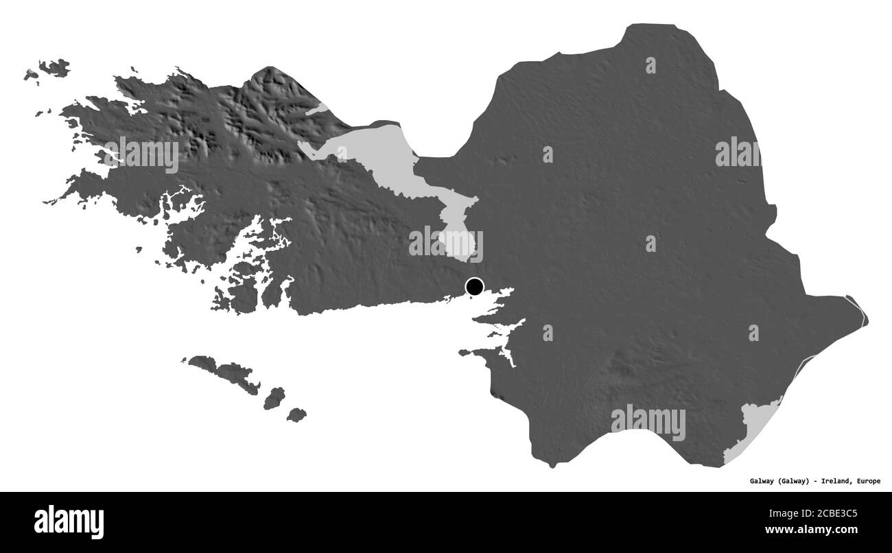 Forma di Galway, contea dell'Irlanda, con la sua capitale isolata su sfondo bianco. Mappa elevazione bilivello. Rendering 3D Foto Stock