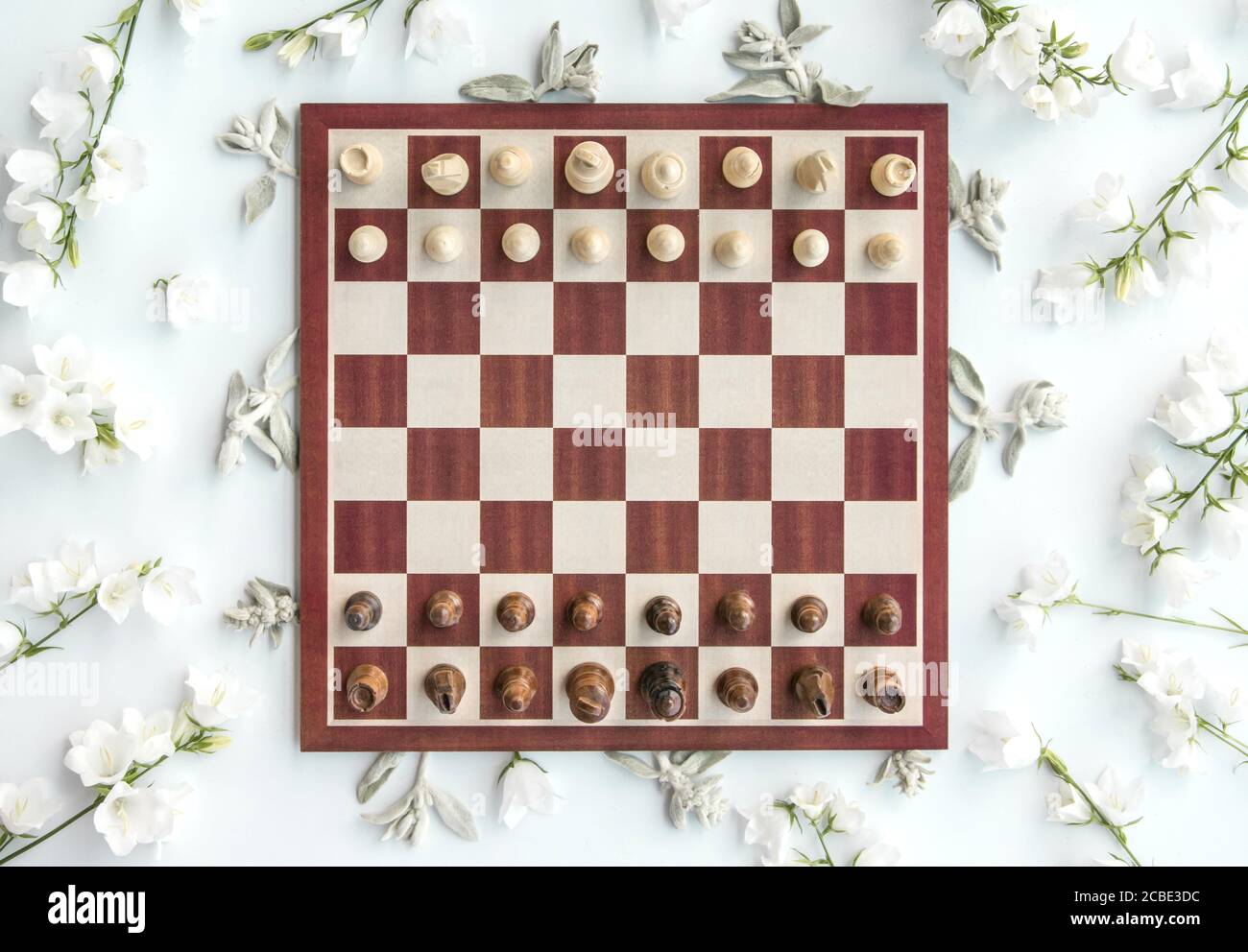 Posizione di partenza del gioco degli scacchi, immagine in stile piatto,  vista dall'alto, gioco degli scacchi Foto stock - Alamy