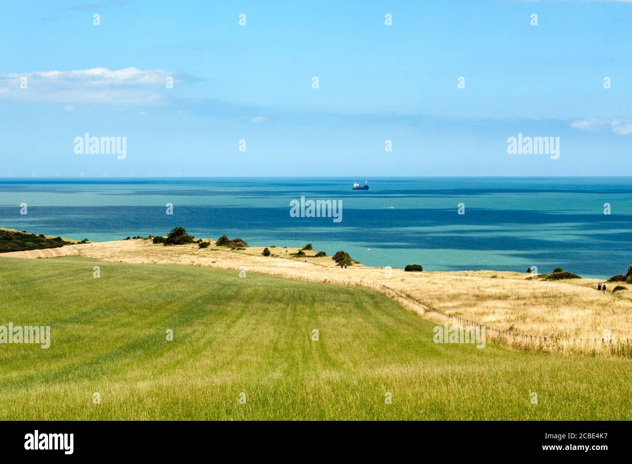 Camminando lungo il sentiero costiero del Kent (o Saxon Shore Way) che domina la Manica vicino a Kingsdown, Deal, Kent, UK Foto Stock