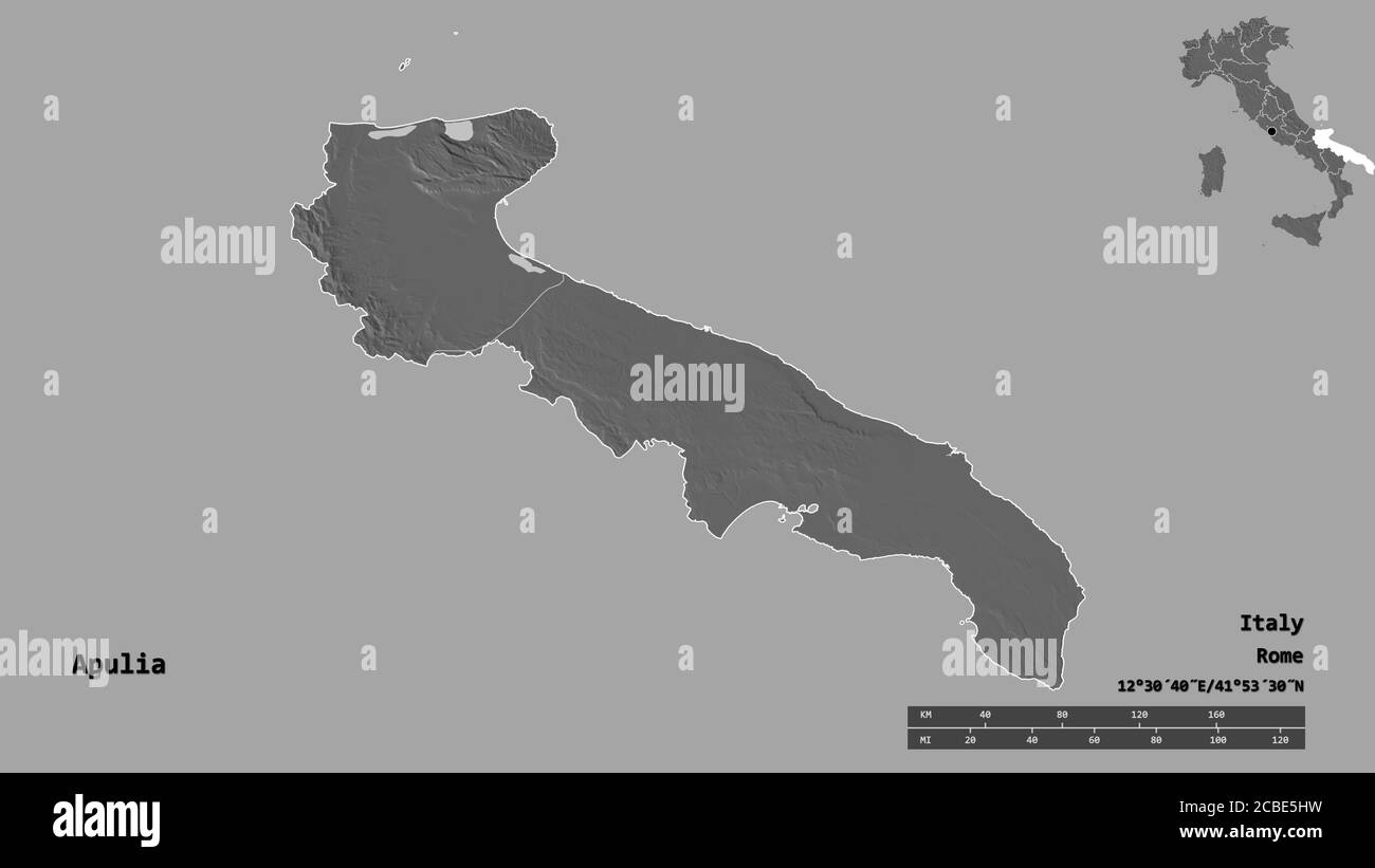 Forma della Puglia, regione d'Italia, con la sua capitale isolata su solido sfondo. Scala della distanza, anteprima della regione ed etichette. Mappa elevazione bilivello. 3D Foto Stock