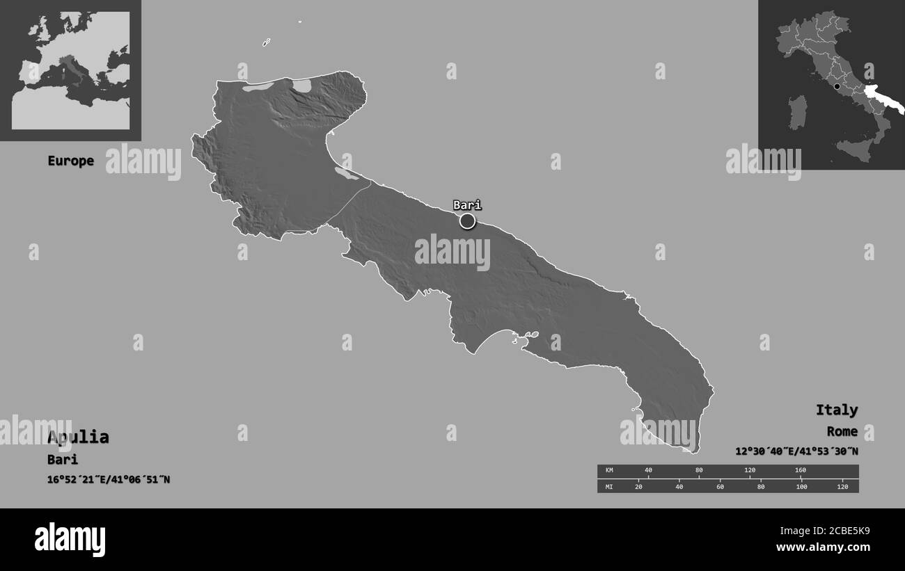 Forma della Puglia, regione d'Italia, e la sua capitale. Scala della distanza, anteprime ed etichette. Mappa elevazione bilivello. Rendering 3D Foto Stock