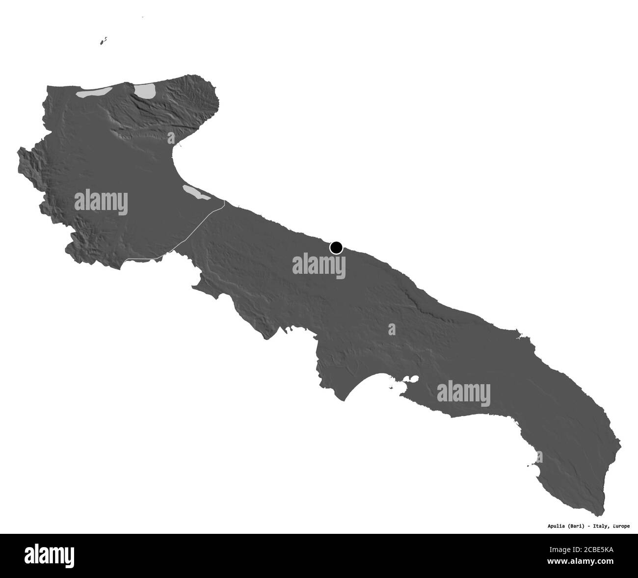 Forma della Puglia, regione d'Italia, con la sua capitale isolata su sfondo bianco. Mappa elevazione bilivello. Rendering 3D Foto Stock