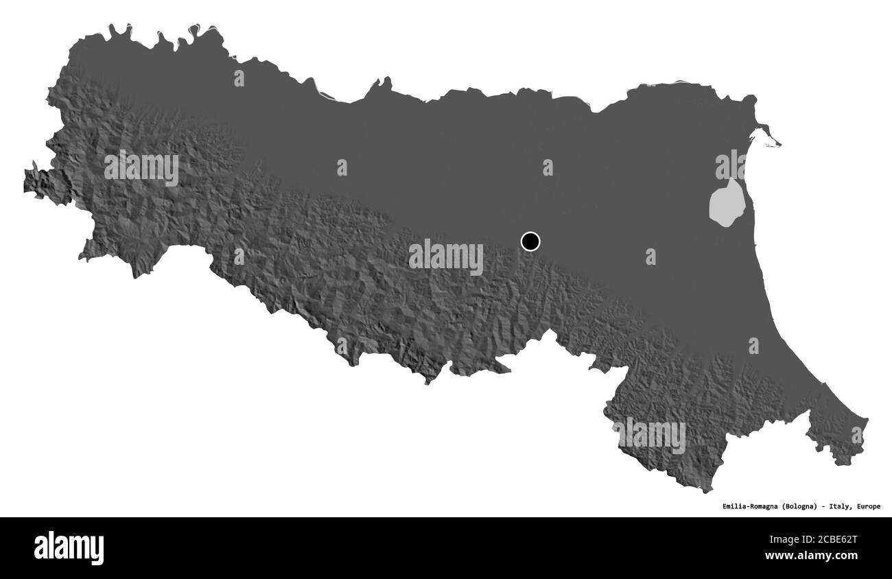 Forma dell'Emilia-Romagna, regione d'Italia, con la sua capitale isolata su sfondo bianco. Mappa elevazione bilivello. Rendering 3D Foto Stock