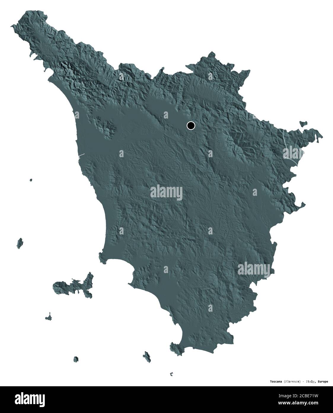 Forma della Toscana, regione d'Italia, con la sua capitale isolata su sfondo bianco. Mappa di elevazione colorata. Rendering 3D Foto Stock