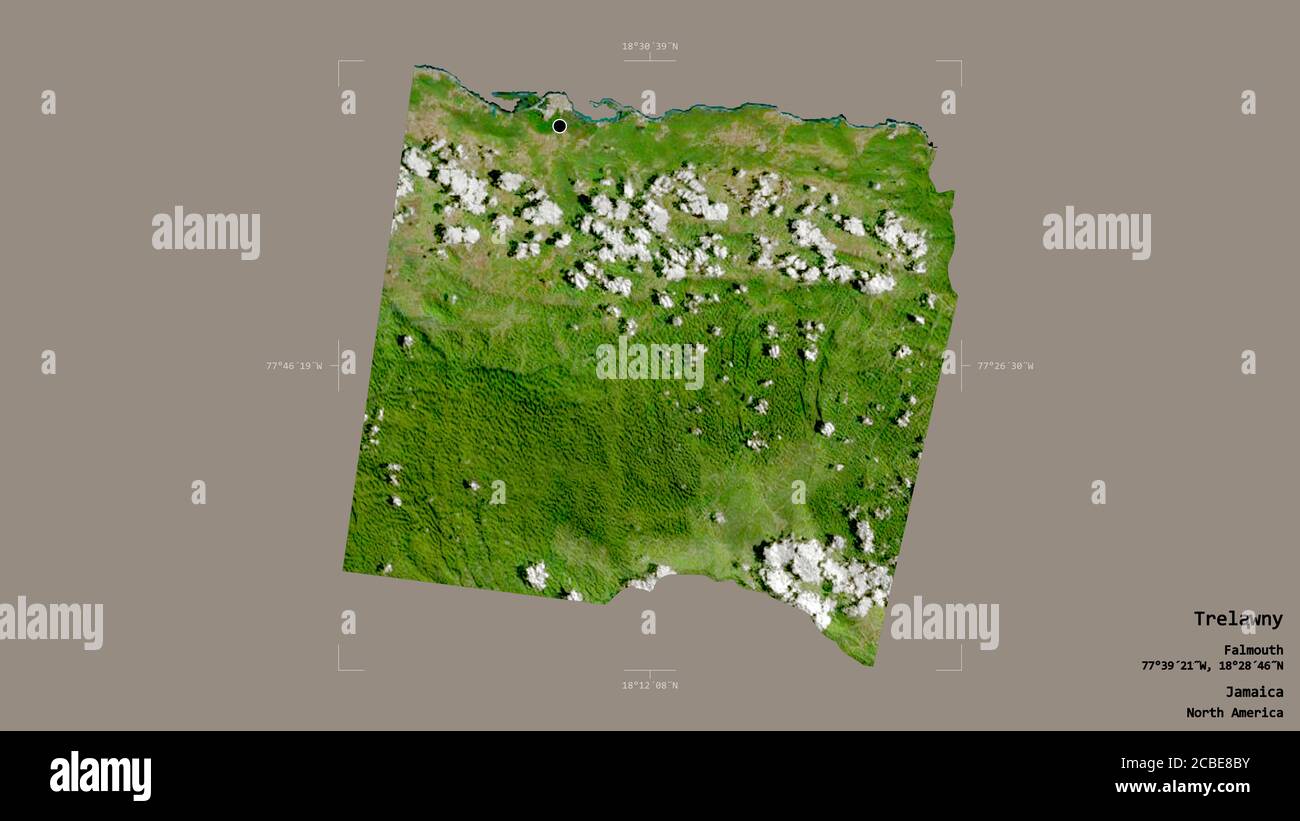 Area di Trelawny, parrocchia della Giamaica, isolata su uno sfondo solido in una scatola di delimitazione georeferenziata. Etichette. Immagini satellitari. Rendering 3D Foto Stock