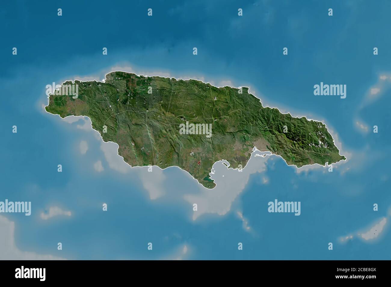 Area estesa della Giamaica con contorni nazionali, frontiere internazionali e regionali. Immagini satellitari. Rendering 3D Foto Stock