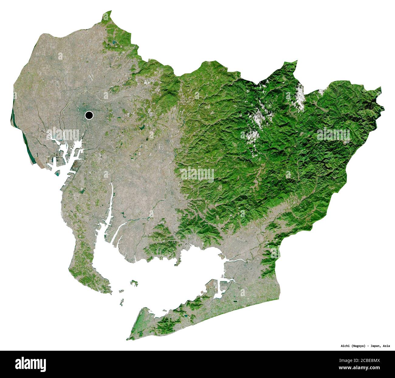 Forma di Aichi, prefettura del Giappone, con la sua capitale isolata su sfondo bianco. Immagini satellitari. Rendering 3D Foto Stock