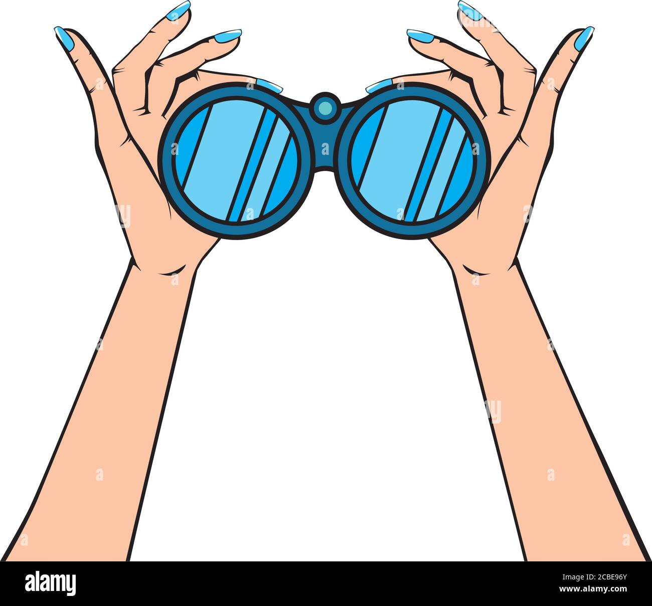 Mani femminili con design binocolo, attrezzatura di visione e tema di viaggio illustrazione vettoriale Illustrazione Vettoriale