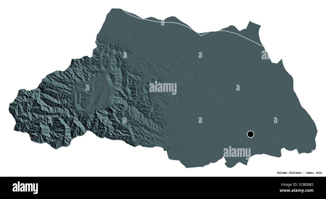 Forma di Saitama, prefettura del Giappone, con la sua capitale isolata su sfondo bianco. Mappa di elevazione colorata. Rendering 3D Foto Stock