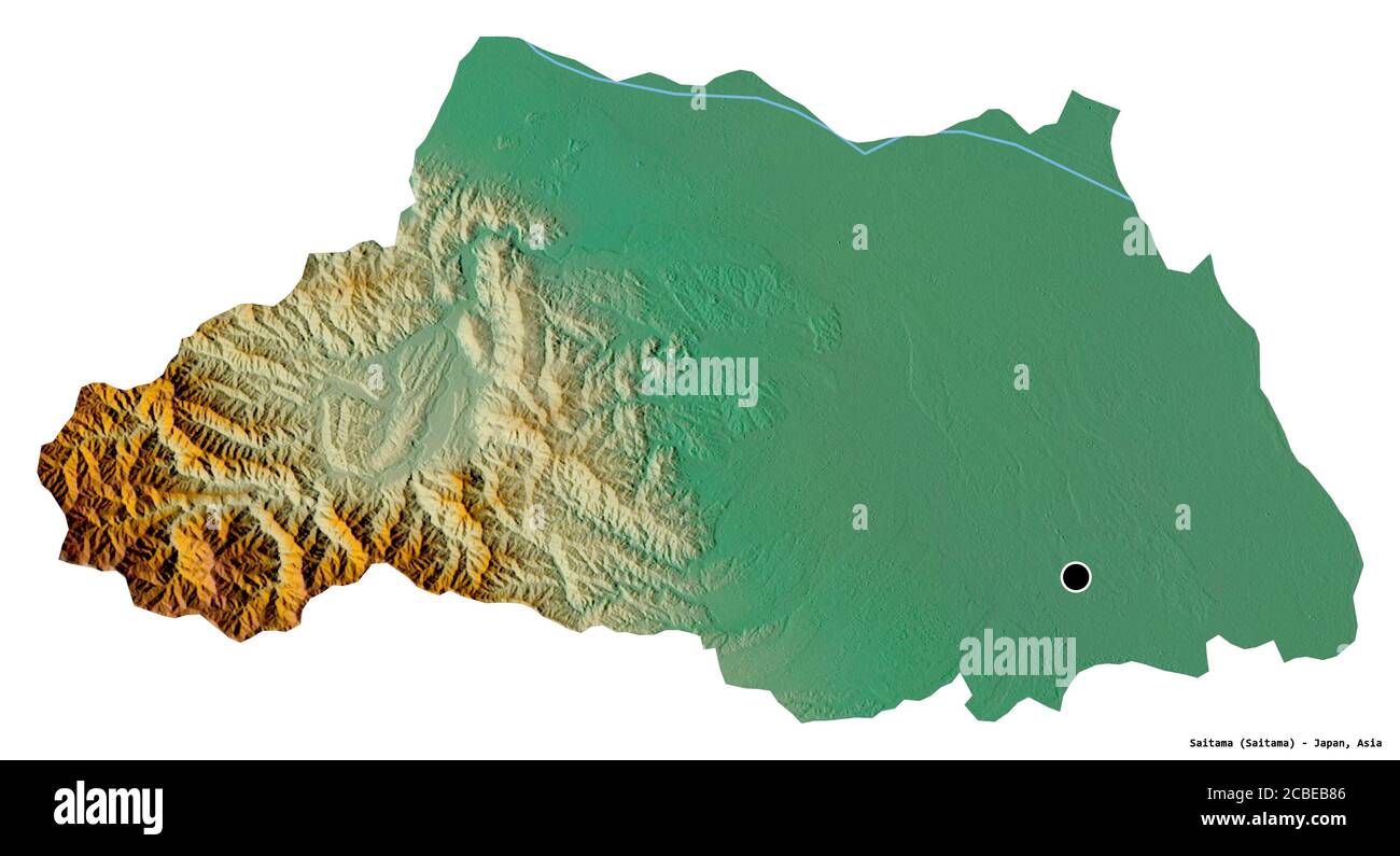 Forma di Saitama, prefettura del Giappone, con la sua capitale isolata su sfondo bianco. Mappa di rilievo topografico. Rendering 3D Foto Stock