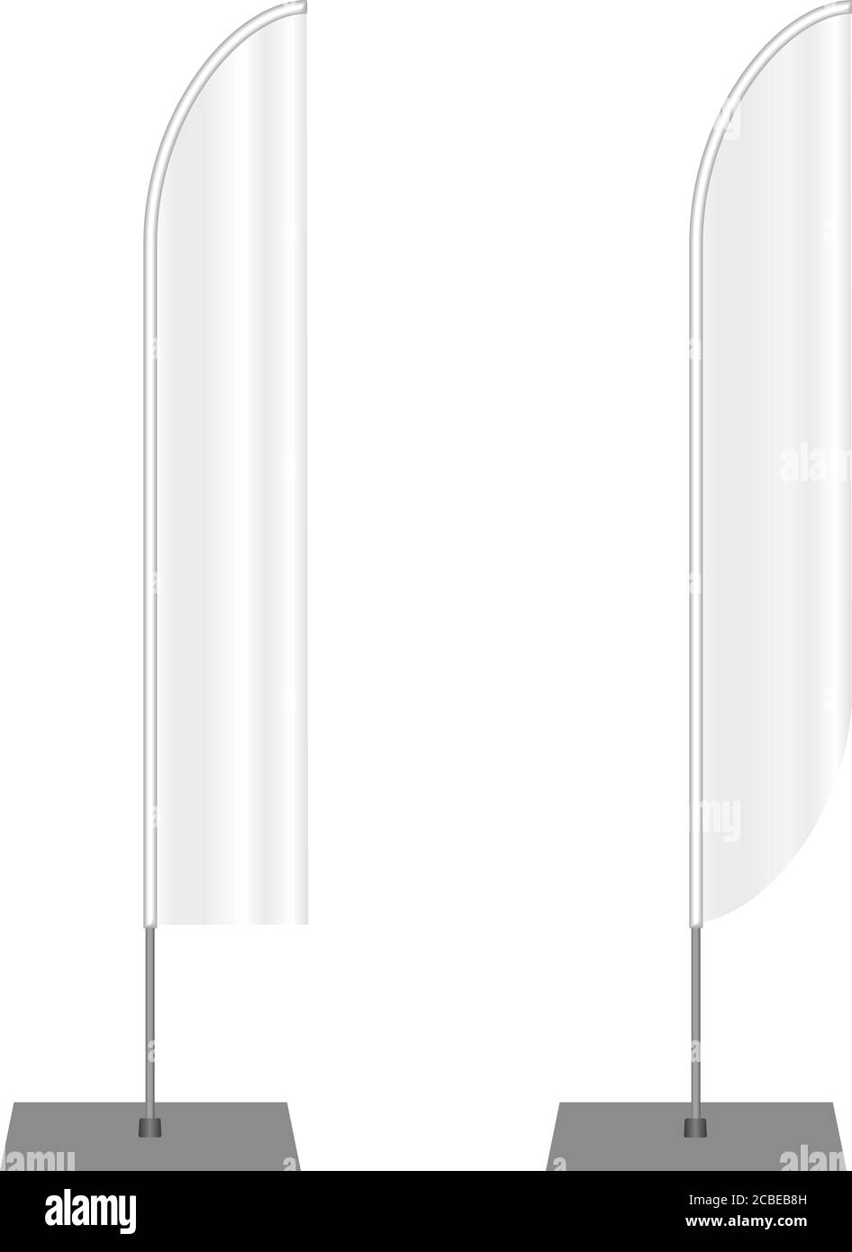 Bandiere bianche della spiaggia banner pubblicitario, isolato su bianco, spazio libero di copia, grafica fittizia, vettore Illustrazione Vettoriale