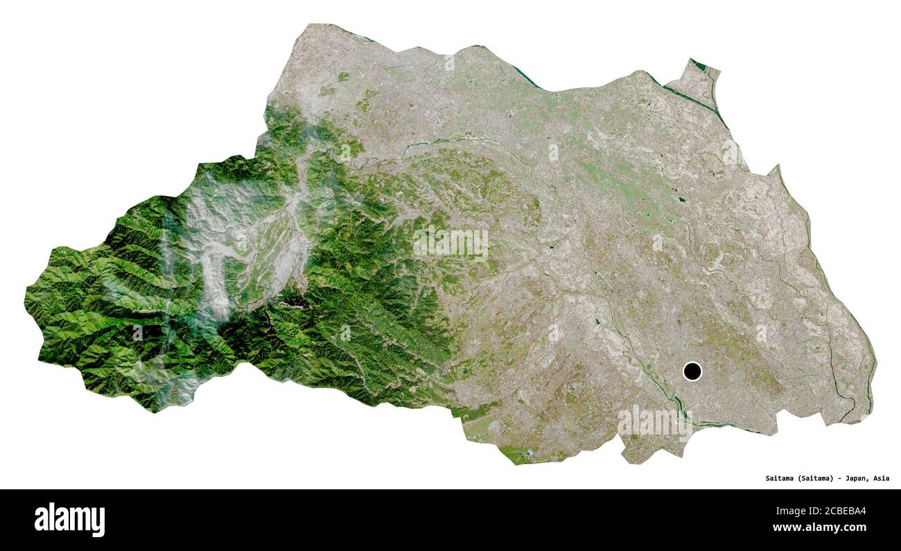 Forma di Saitama, prefettura del Giappone, con la sua capitale isolata su sfondo bianco. Immagini satellitari. Rendering 3D Foto Stock